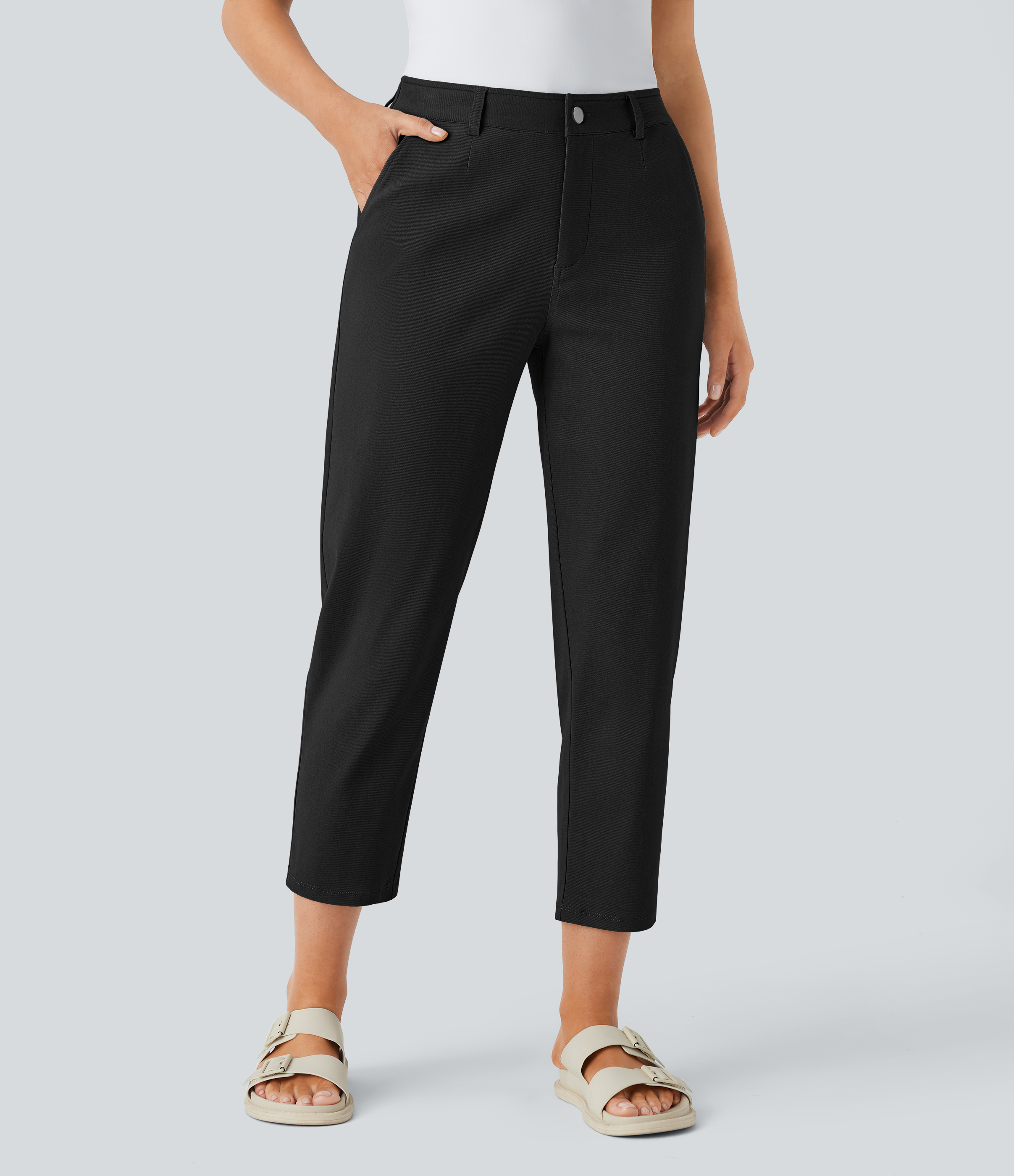 Halara Mid Rise Multiple Pockets Casual Tapered Pants  - Black - S(regular) sweatpants jogger pants stacked sweatpants cargo joggers 