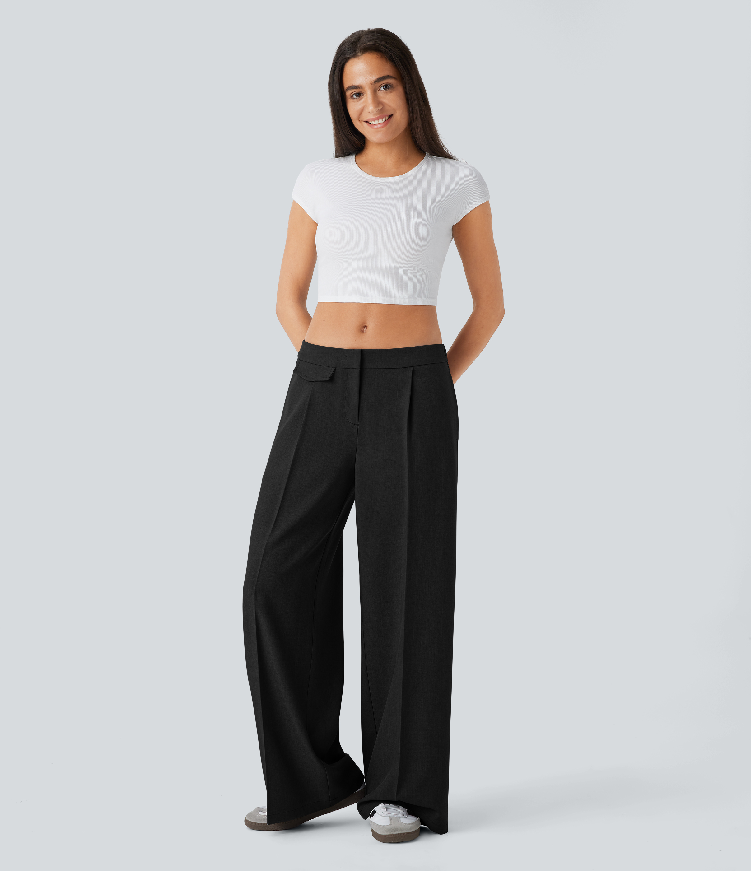 Halara Low Rise Zipper Side Pocket Wide Leg Casual Pants  - Black - M(regular) sweatpants jogger pants stacked sweatpants cargo joggers 
