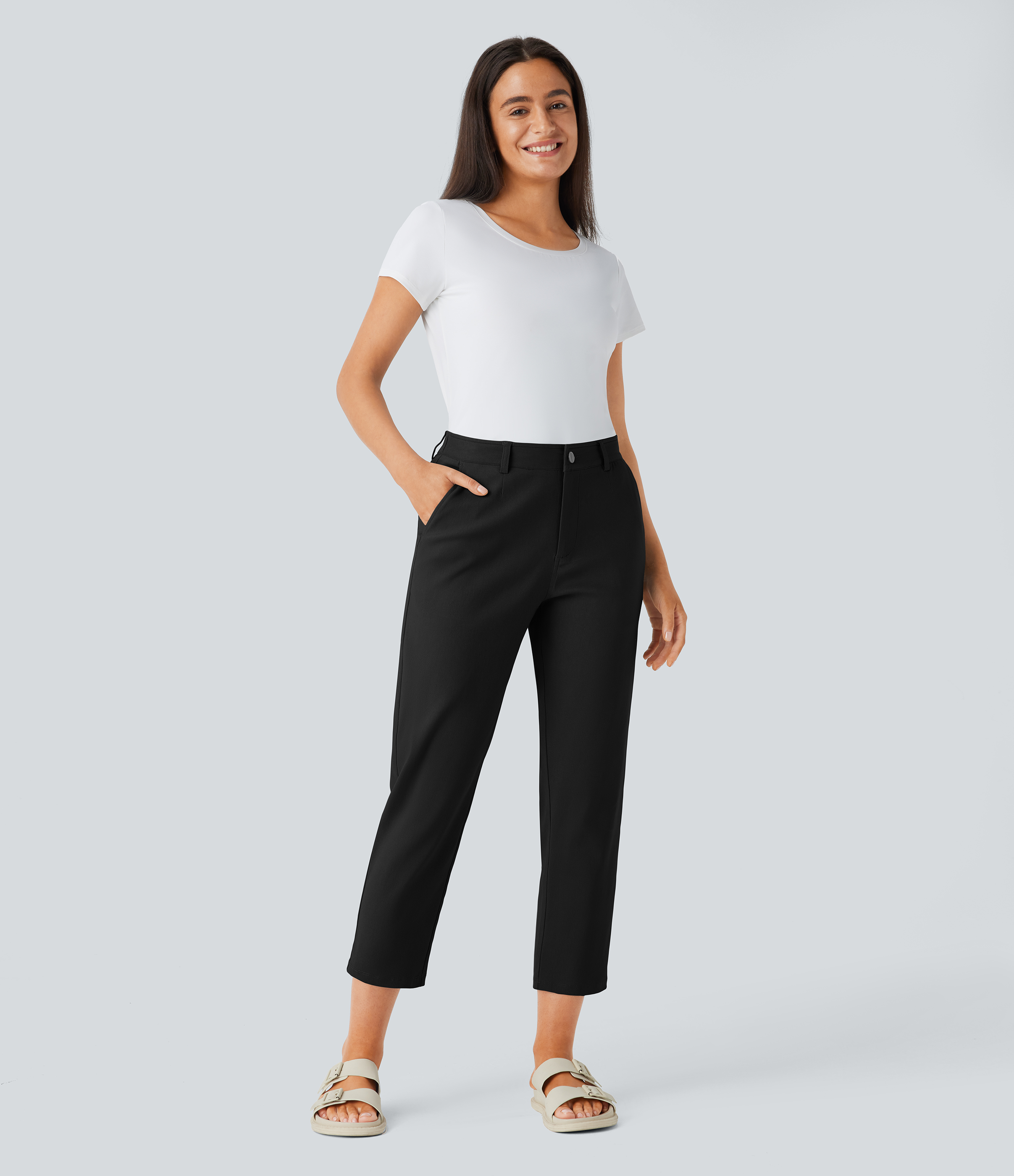 Halara Mid Rise Multiple Pockets Casual Tapered Pants  - Black - S(regular) sweatpants jogger pants stacked sweatpants cargo joggers 