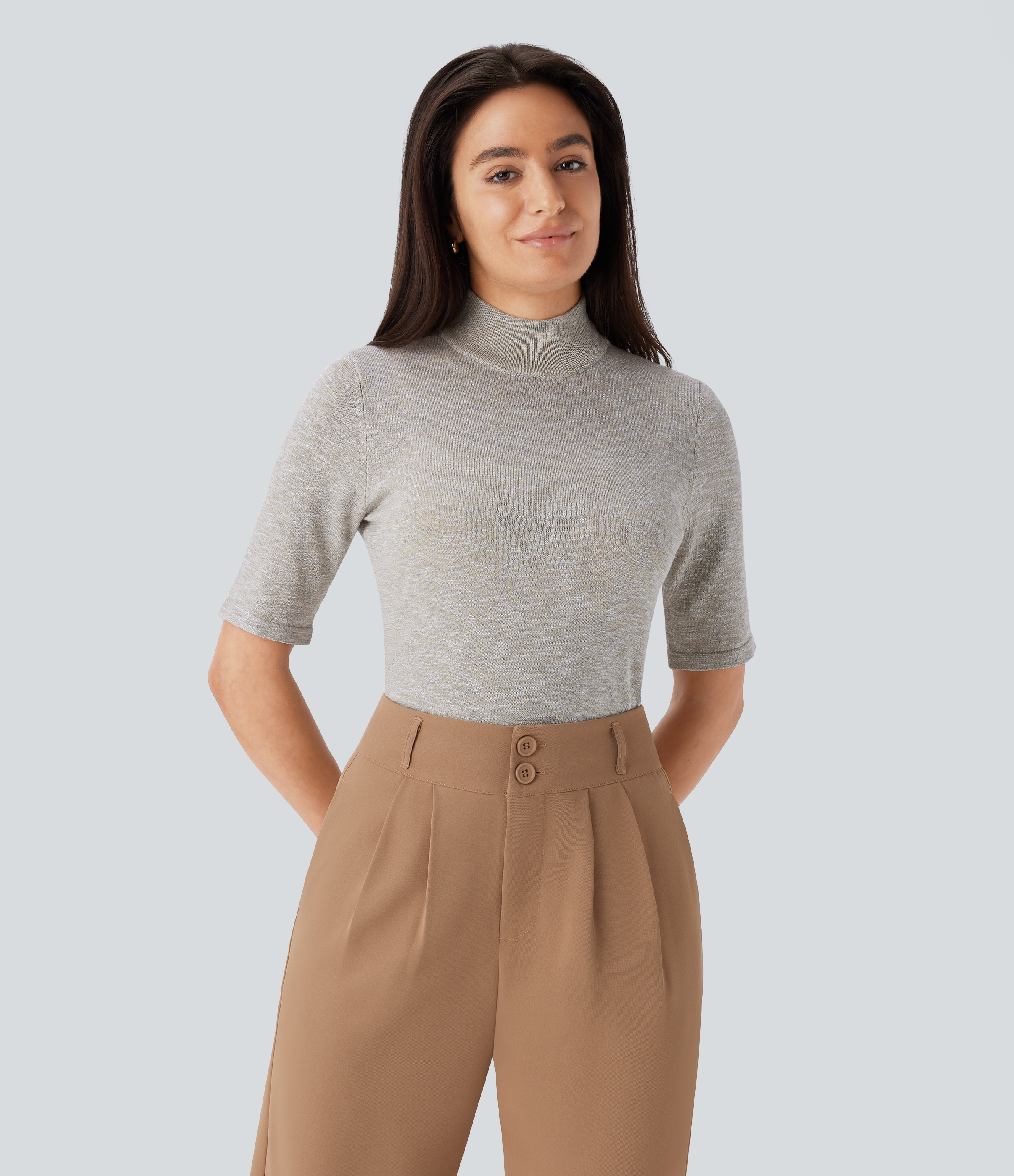 Halara Stand Collar Elbow Sleeve Slim Work Sweater  - Oatmeal Khaki - XL 