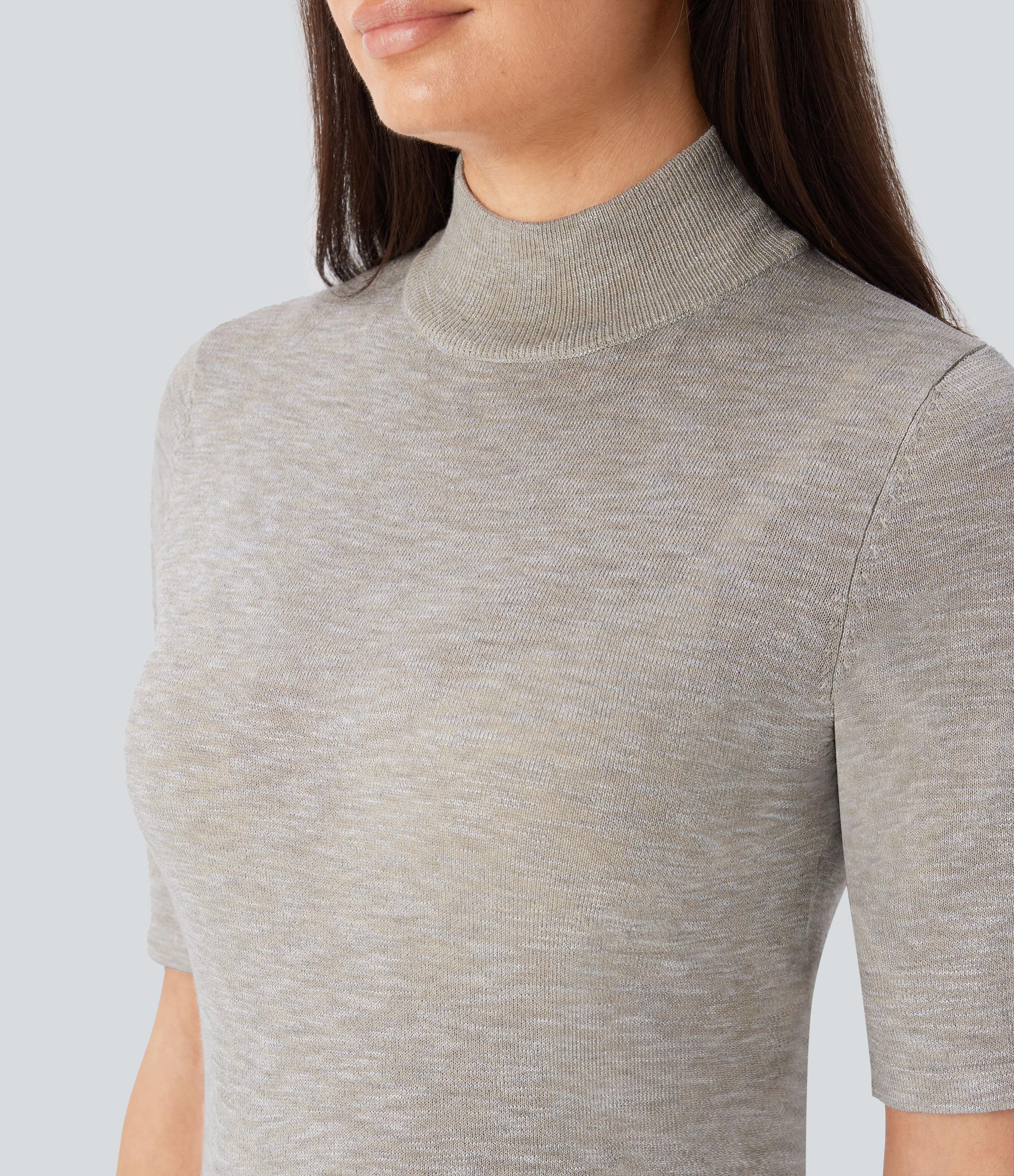 Halara Stand Collar Elbow Sleeve Slim Work Sweater  - Oatmeal Khaki - XL 