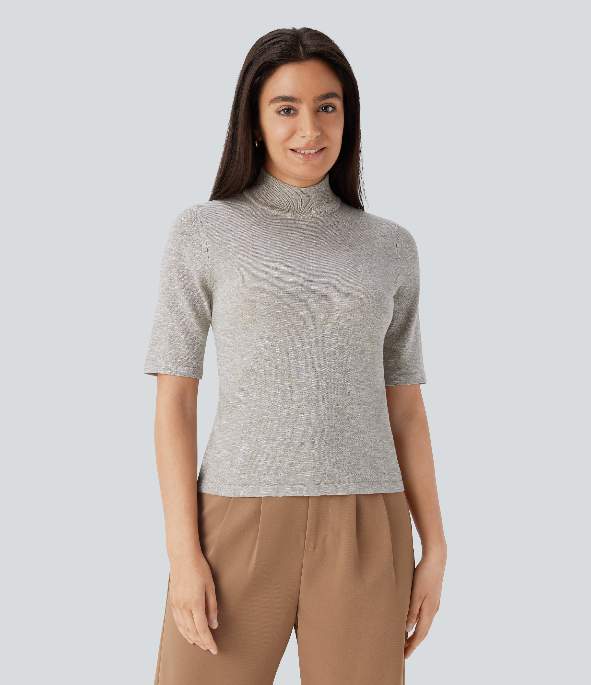 Halara Stand Collar Elbow Sleeve Slim Work Sweater  - Oatmeal Khaki - XL 