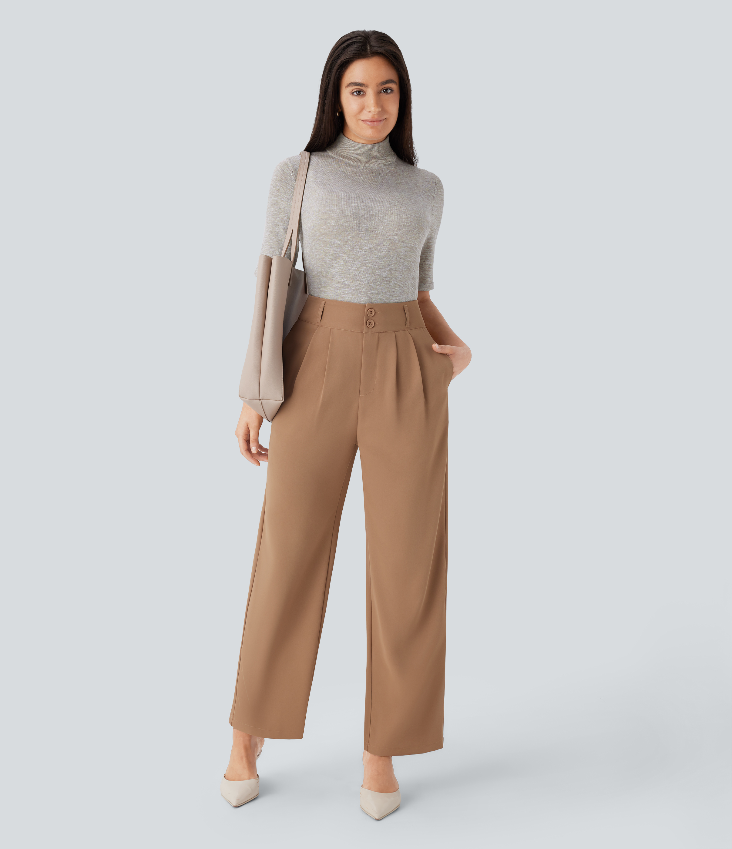 Halara Stand Collar Elbow Sleeve Slim Work Sweater  - Oatmeal Khaki - XL 