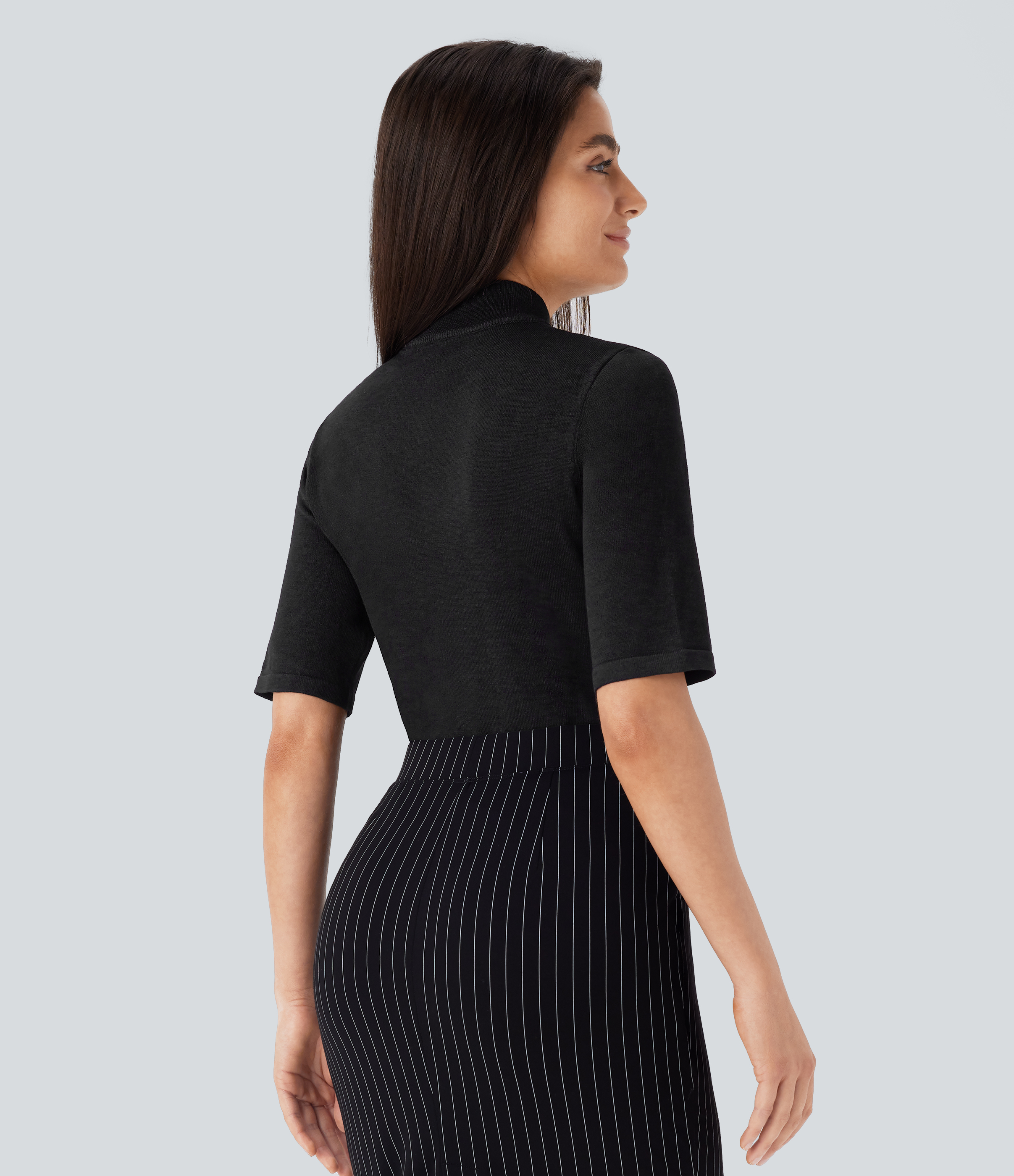 Halara Stand Collar Elbow Sleeve Slim Work Sweater  - Black - XL 