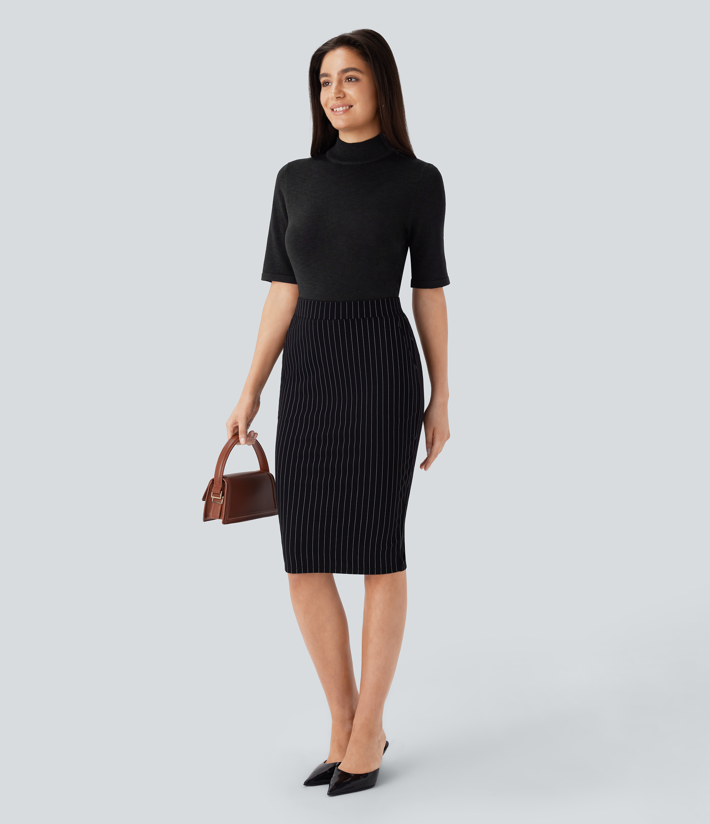 Halara Stand Collar Elbow Sleeve Slim Work Sweater  - Black - XL 