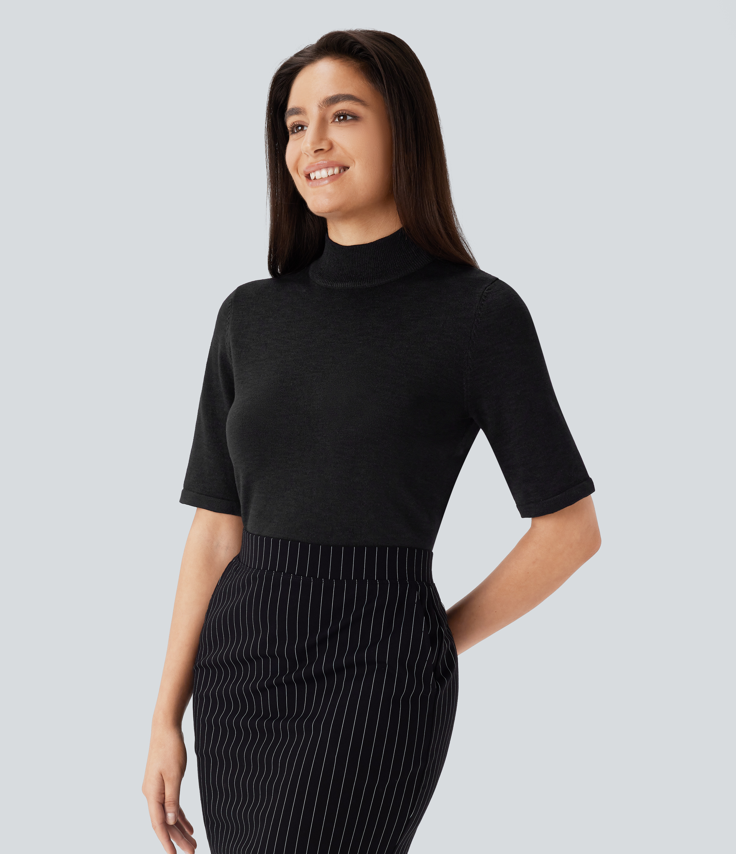 Halara Stand Collar Elbow Sleeve Slim Work Sweater  - Black - XL 