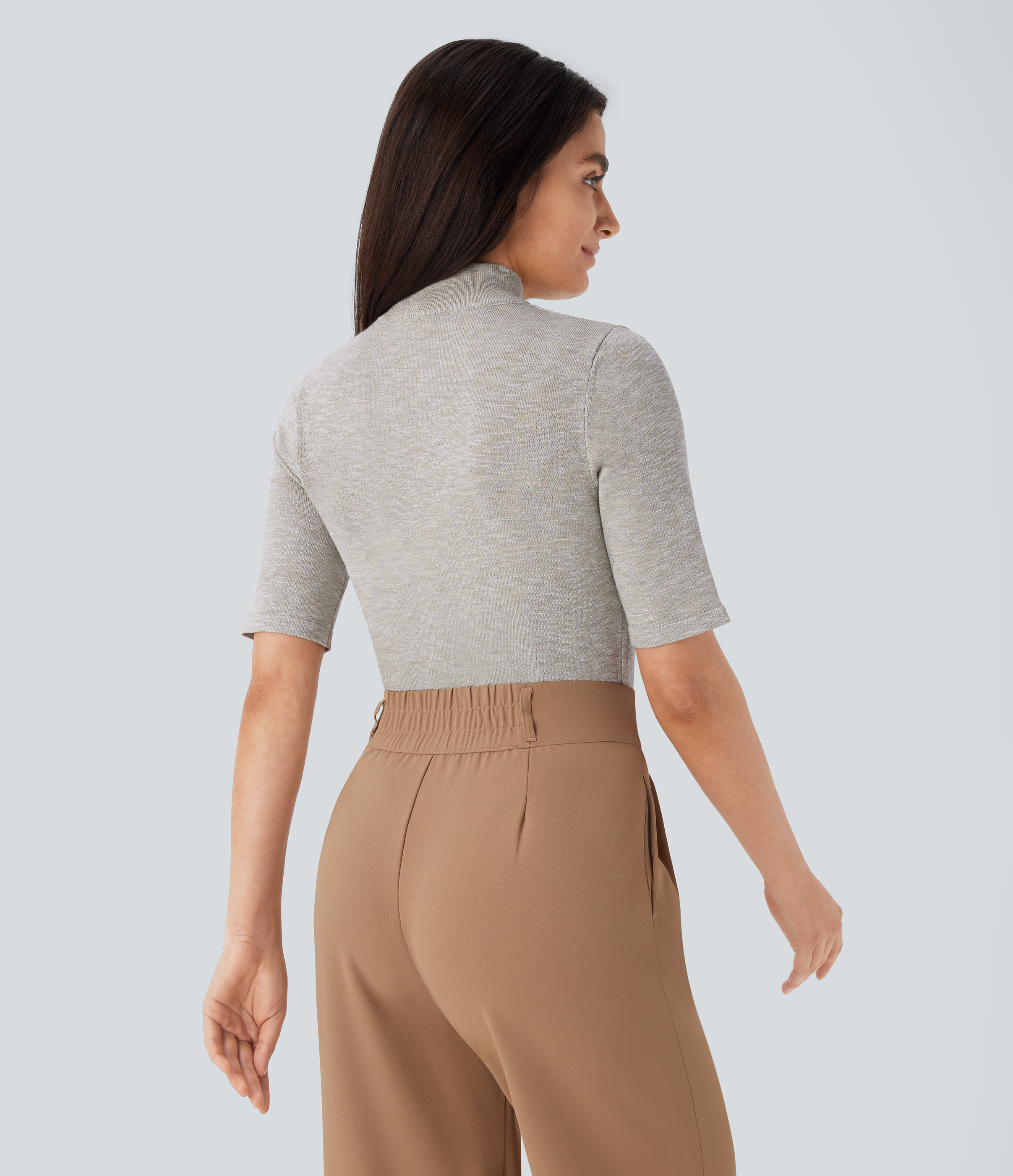 Halara Stand Collar Elbow Sleeve Slim Work Sweater  - Oatmeal Khaki - XL 