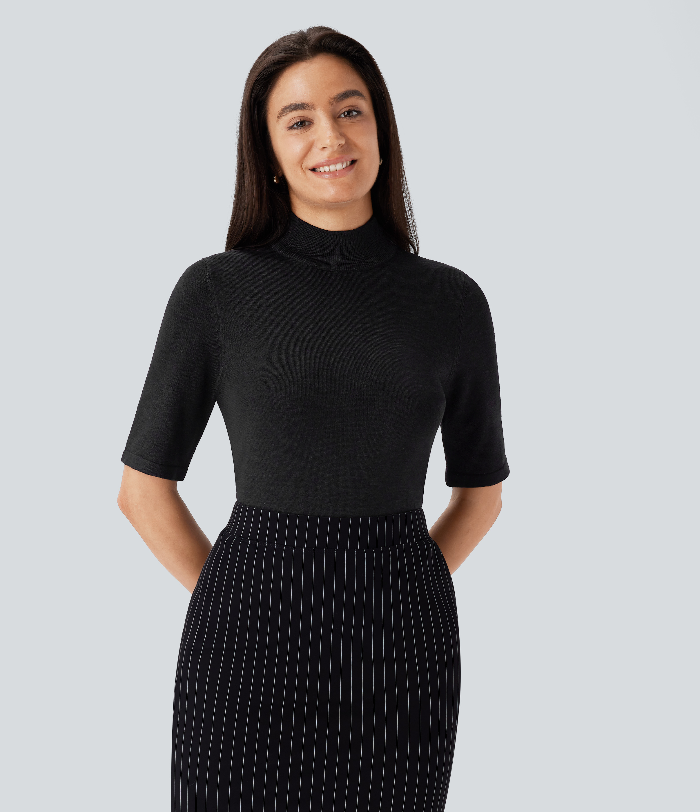 Halara Stand Collar Elbow Sleeve Slim Work Sweater  - Black - XL 