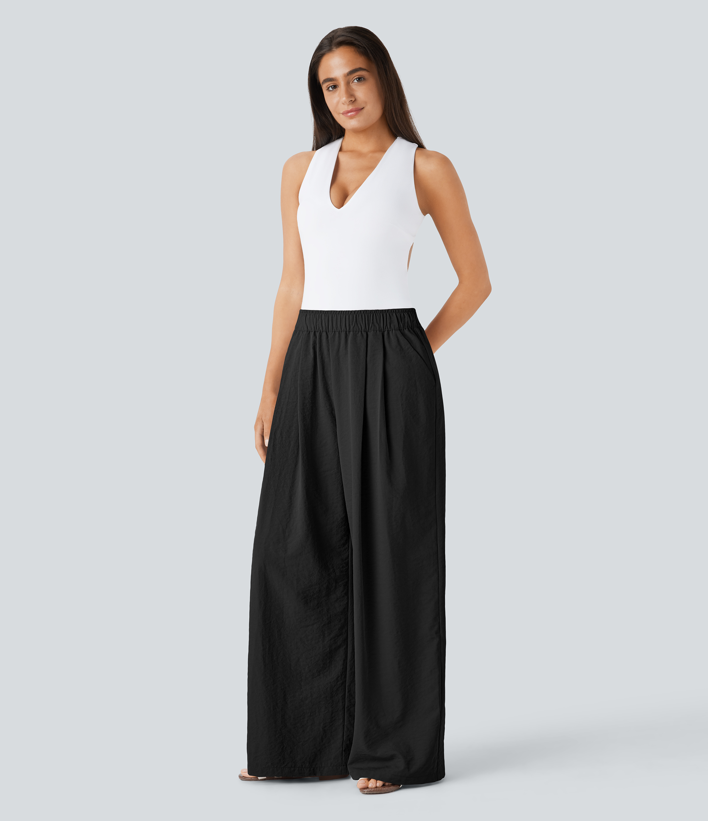 Halara High Waisted Side Pocket  Palazzo Wide Leg Resort Pants  - Black - XL(regular) sweatpants jogger pants stacked sweatpants 