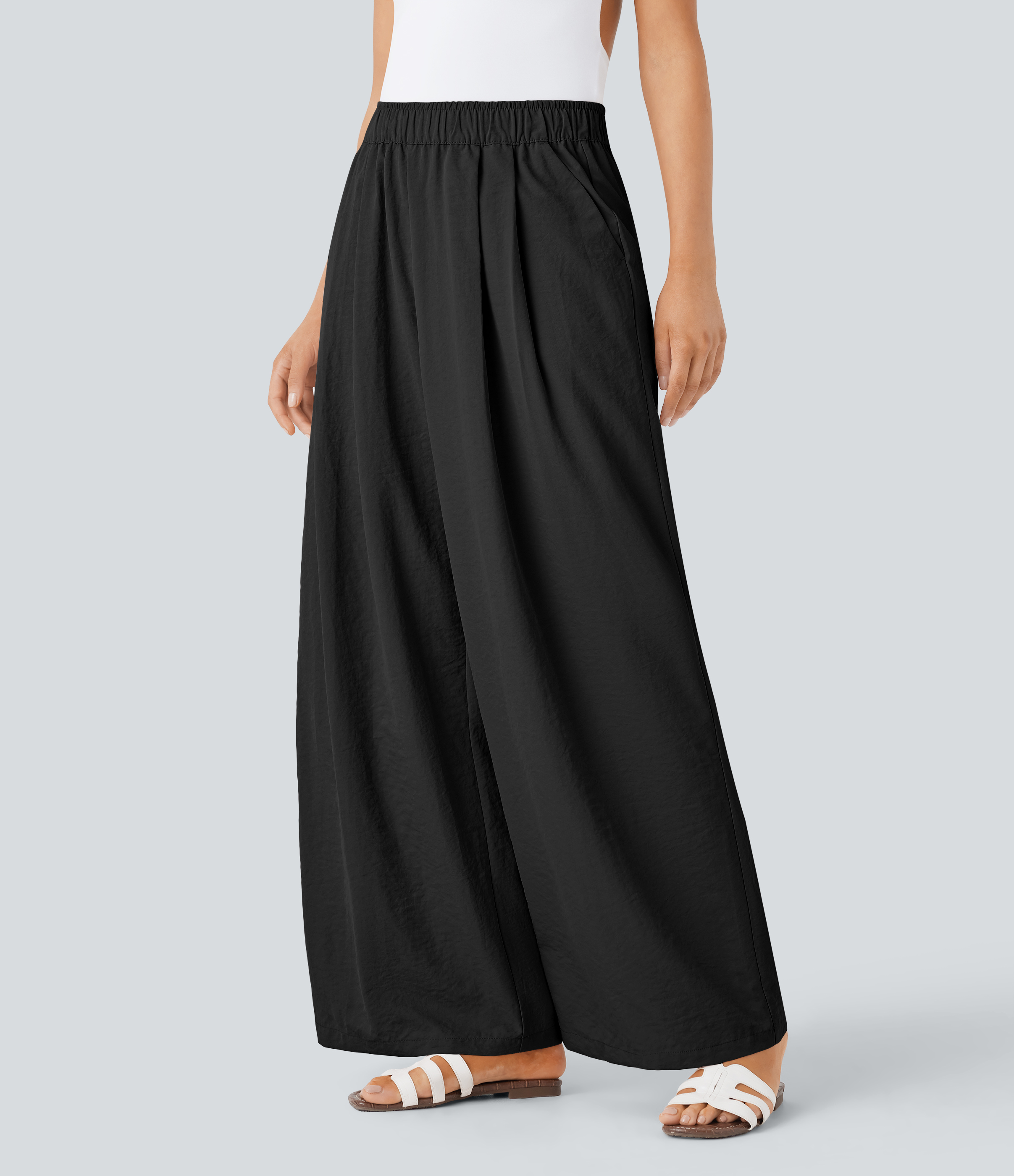 Halara High Waisted Side Pocket  Palazzo Wide Leg Resort Pants  - Black - XL(regular) sweatpants jogger pants stacked sweatpants 