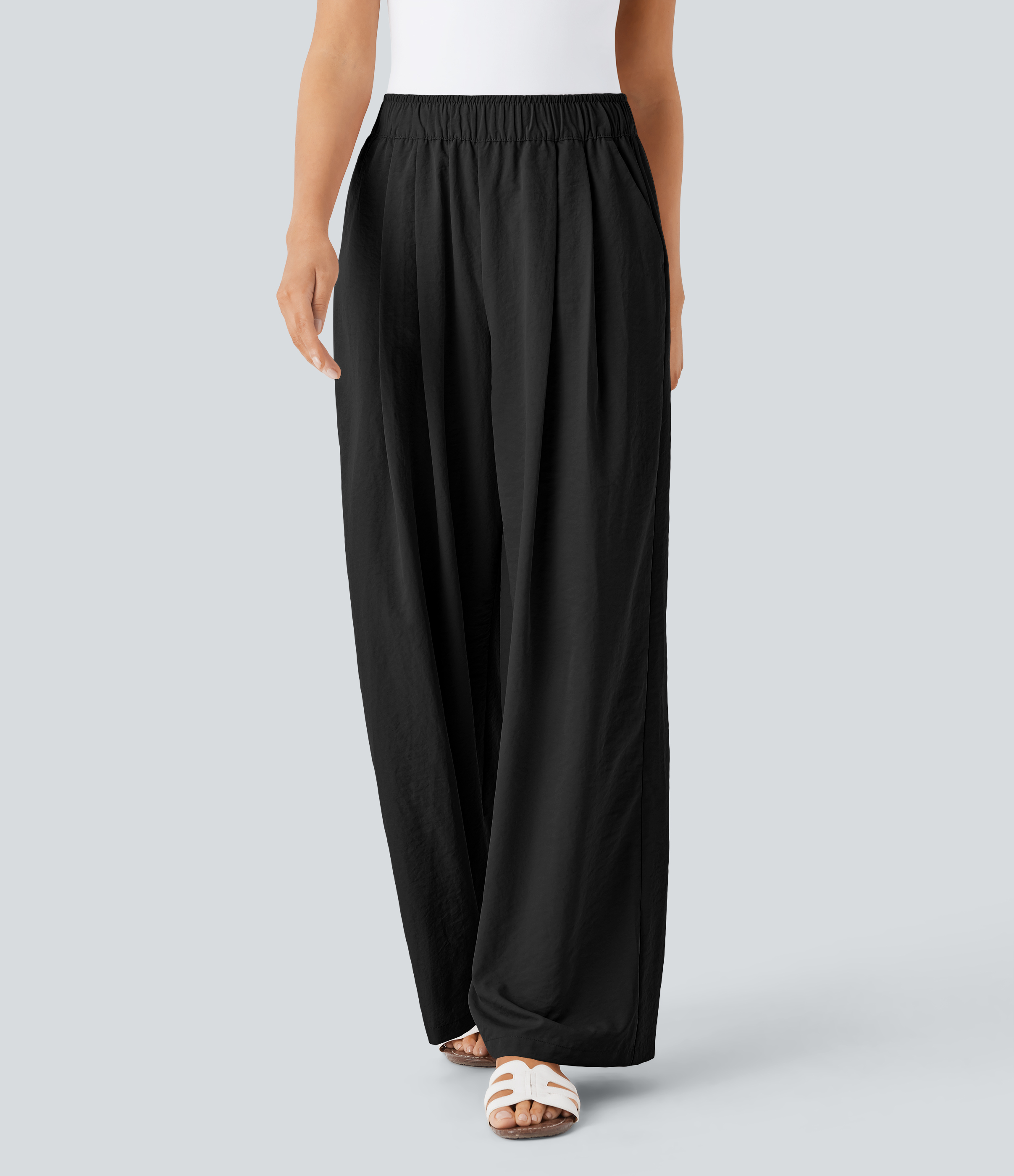 Halara High Waisted Side Pocket  Palazzo Wide Leg Resort Pants  - Black - XL(regular) sweatpants jogger pants stacked sweatpants 