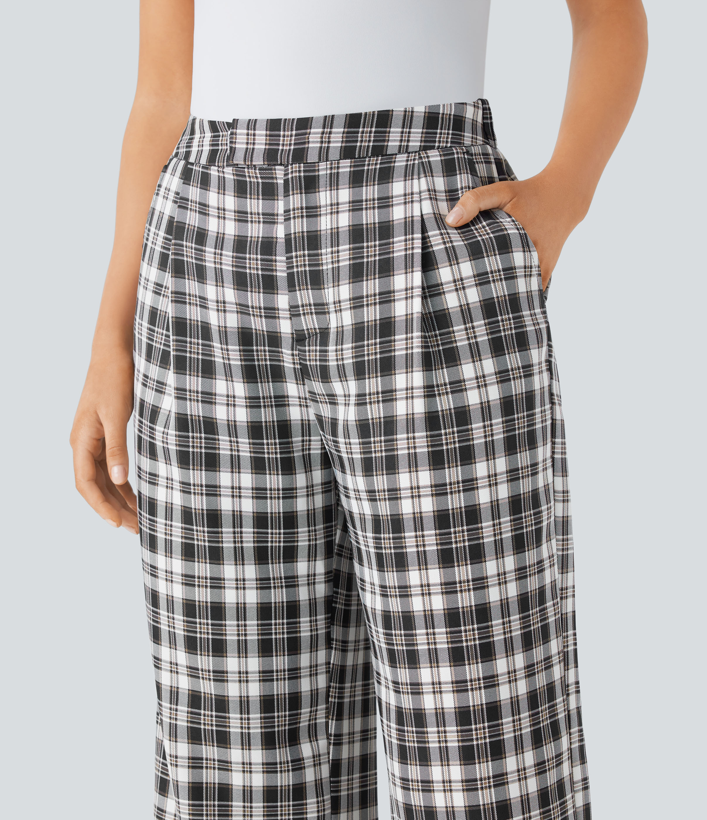 Halara High Waisted Zipper Side Pocket Wide Leg Plaid Casual Pants  - Black White Plaid - XL(regular) sweatpants jogger pants 