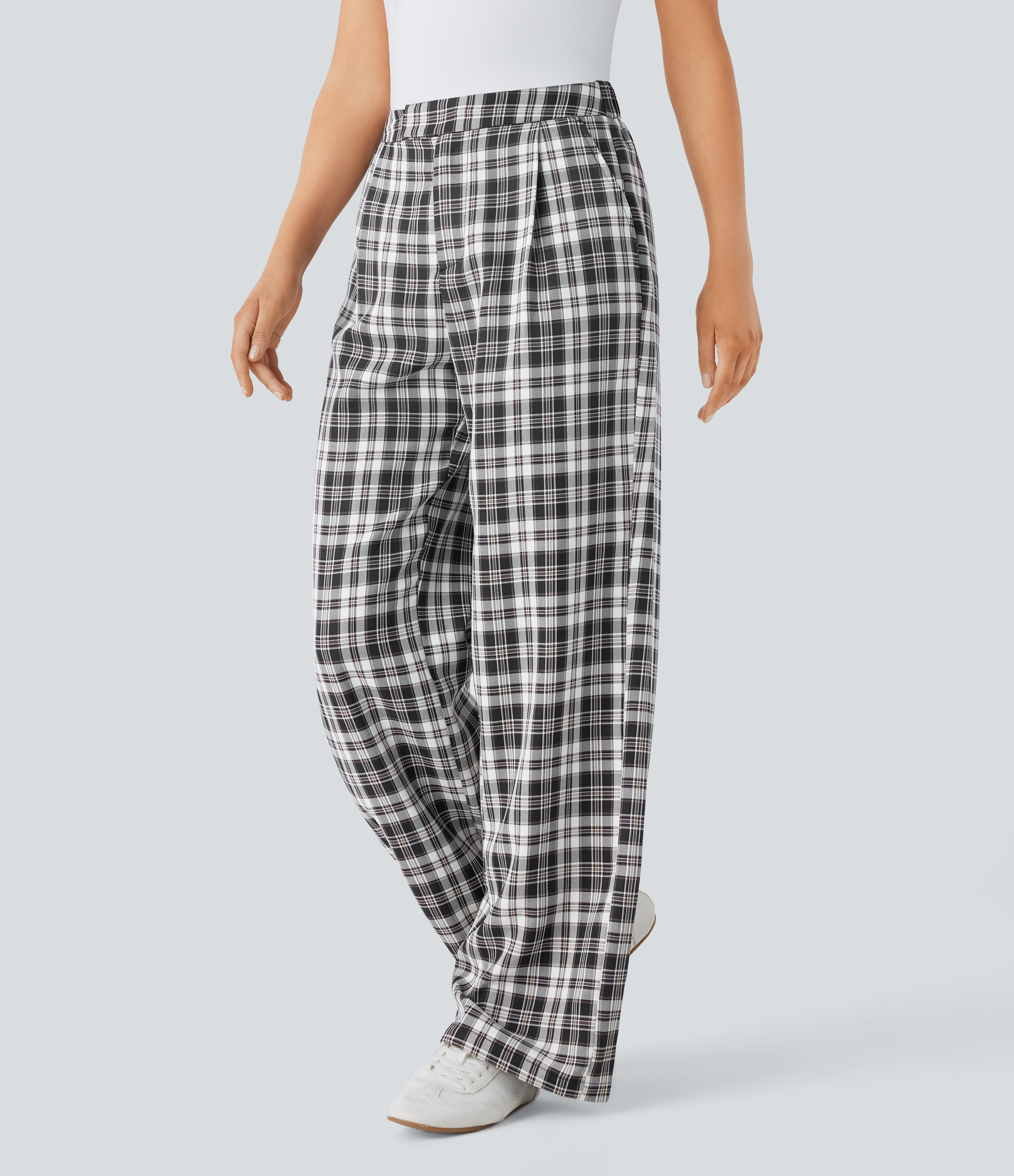 Halara High Waisted Zipper Side Pocket Wide Leg Plaid Casual Pants  - Black White Plaid - XL(regular) sweatpants jogger pants 