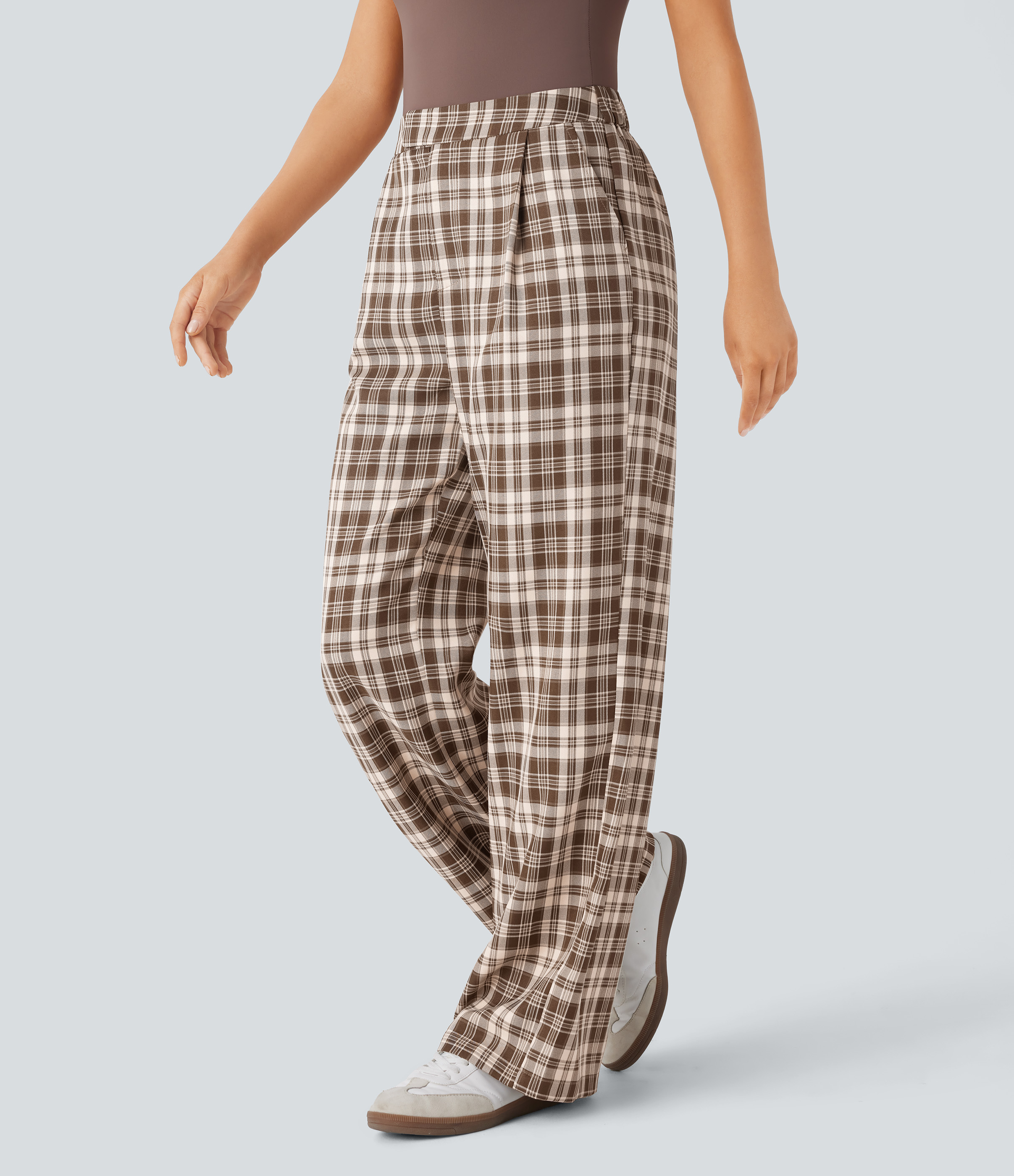 Halara High Waisted Zipper Side Pocket Wide Leg Plaid Casual Pants  - Brown White Gingham - XL(regular) sweatpants jogger pants 