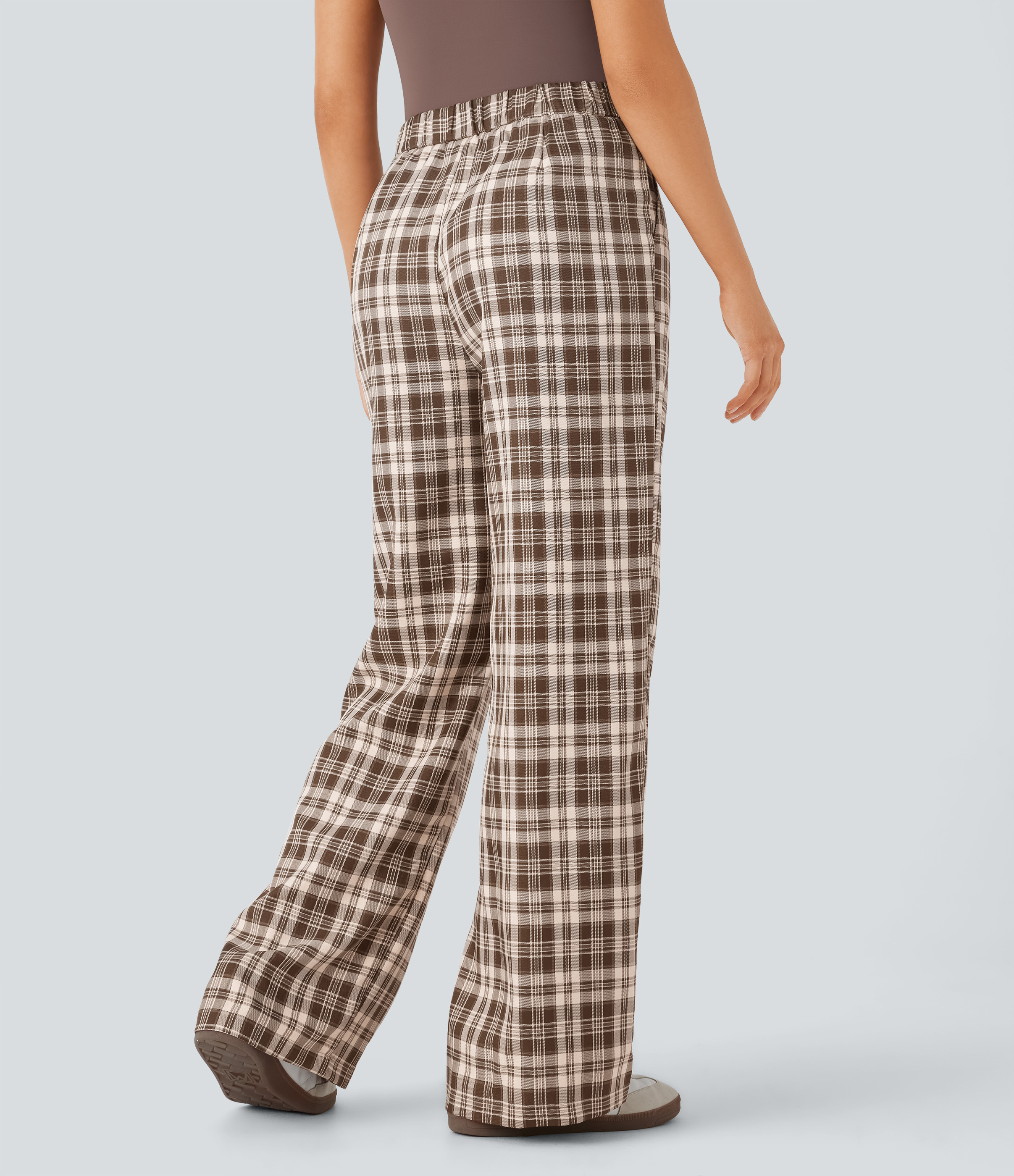 Halara High Waisted Zipper Side Pocket Wide Leg Plaid Casual Pants  - Brown White Gingham - XL(regular) sweatpants jogger pants 