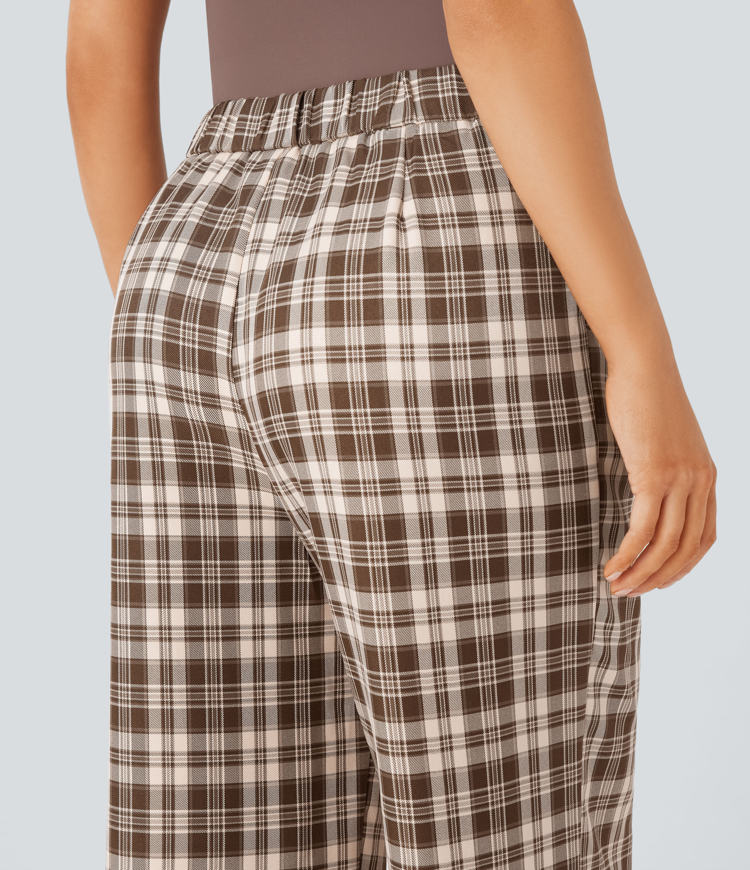 Halara High Waisted Zipper Side Pocket Wide Leg Plaid Casual Pants  - Brown White Gingham - XL(regular) sweatpants jogger pants 