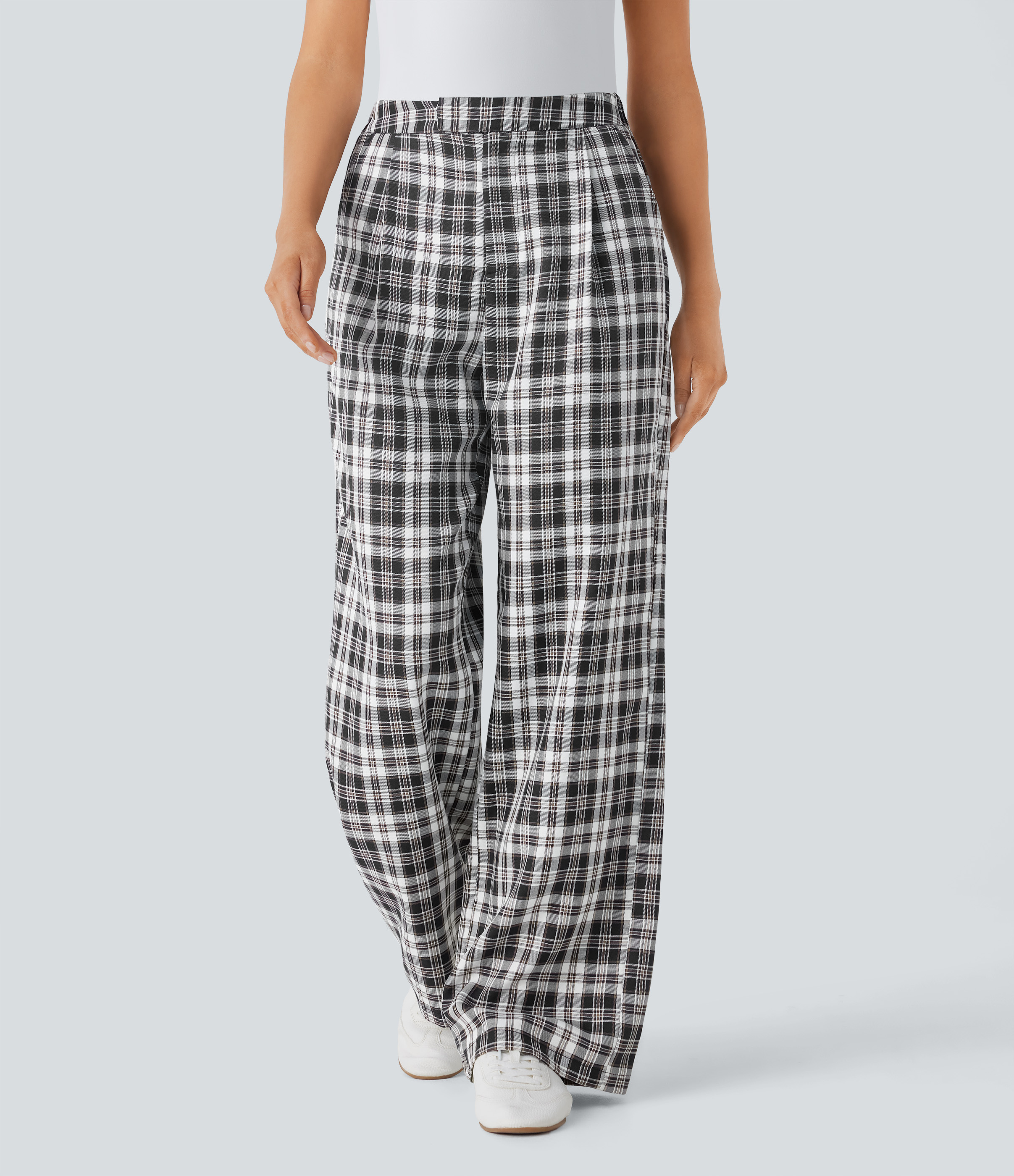 Halara High Waisted Zipper Side Pocket Wide Leg Plaid Casual Pants  - Black White Plaid - XL(regular) sweatpants jogger pants 
