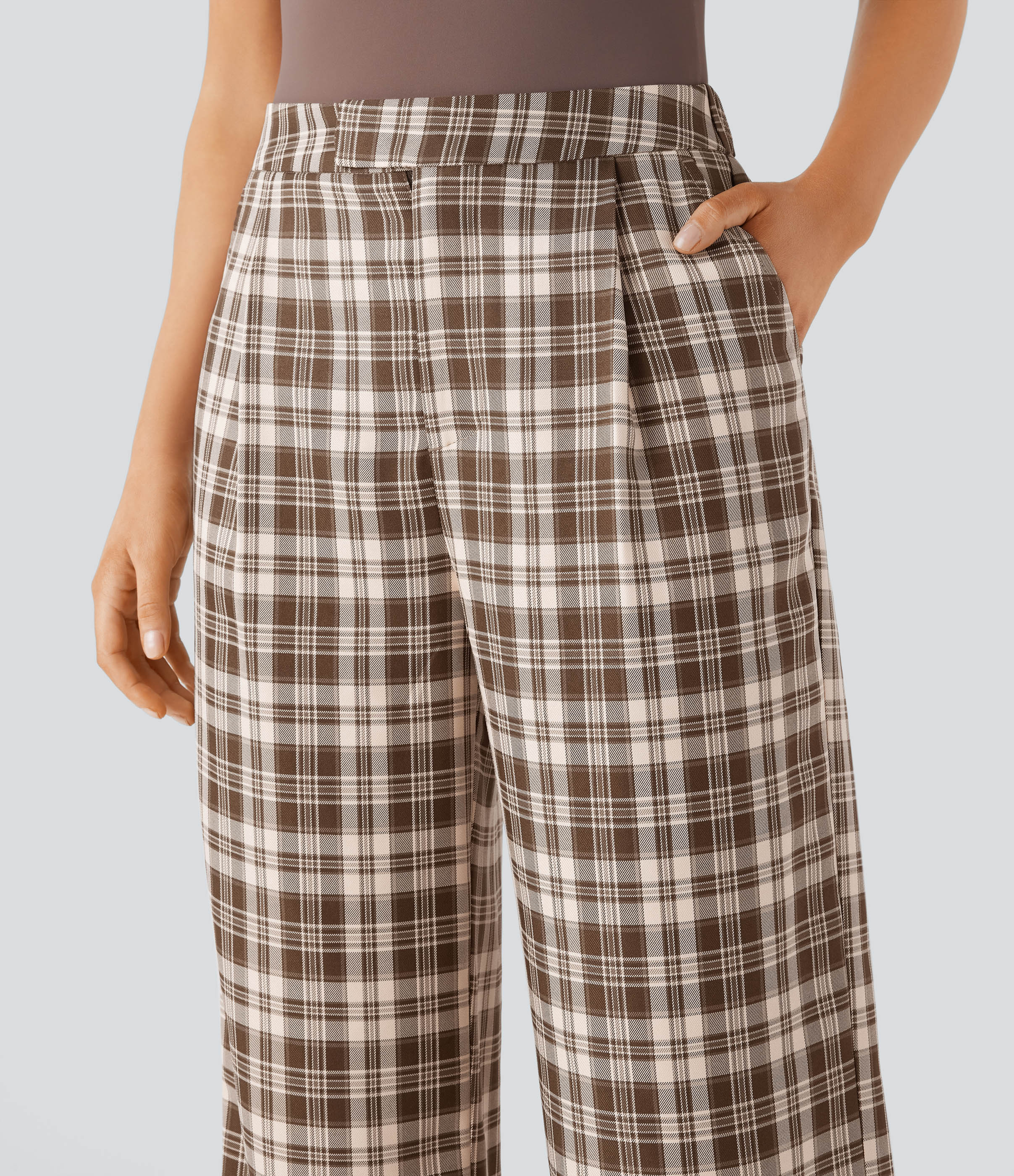 Halara High Waisted Zipper Side Pocket Wide Leg Plaid Casual Pants  - Brown White Gingham - XL(regular) sweatpants jogger pants 