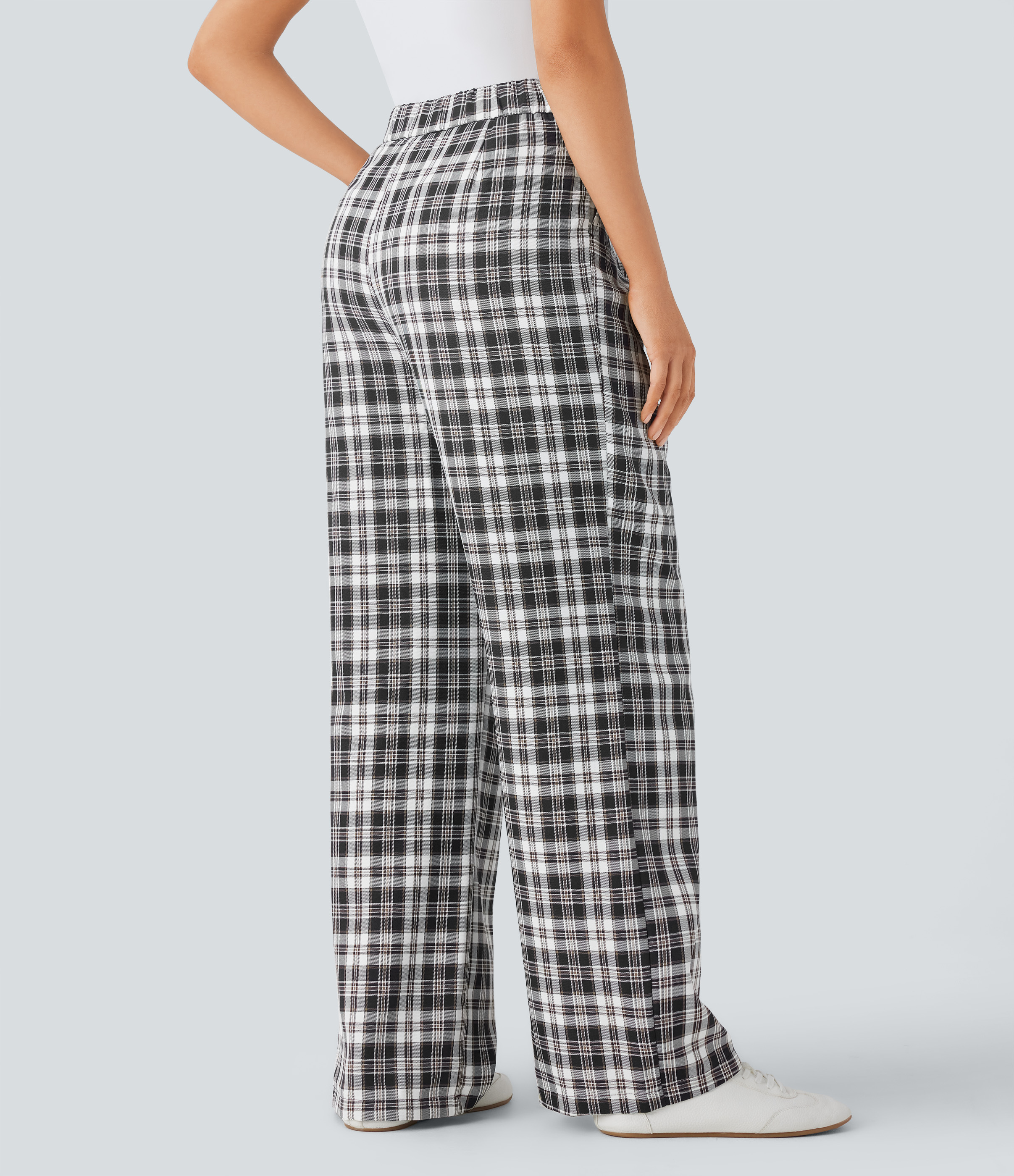 Halara High Waisted Zipper Side Pocket Wide Leg Plaid Casual Pants  - Black White Plaid - XL(regular) sweatpants jogger pants 