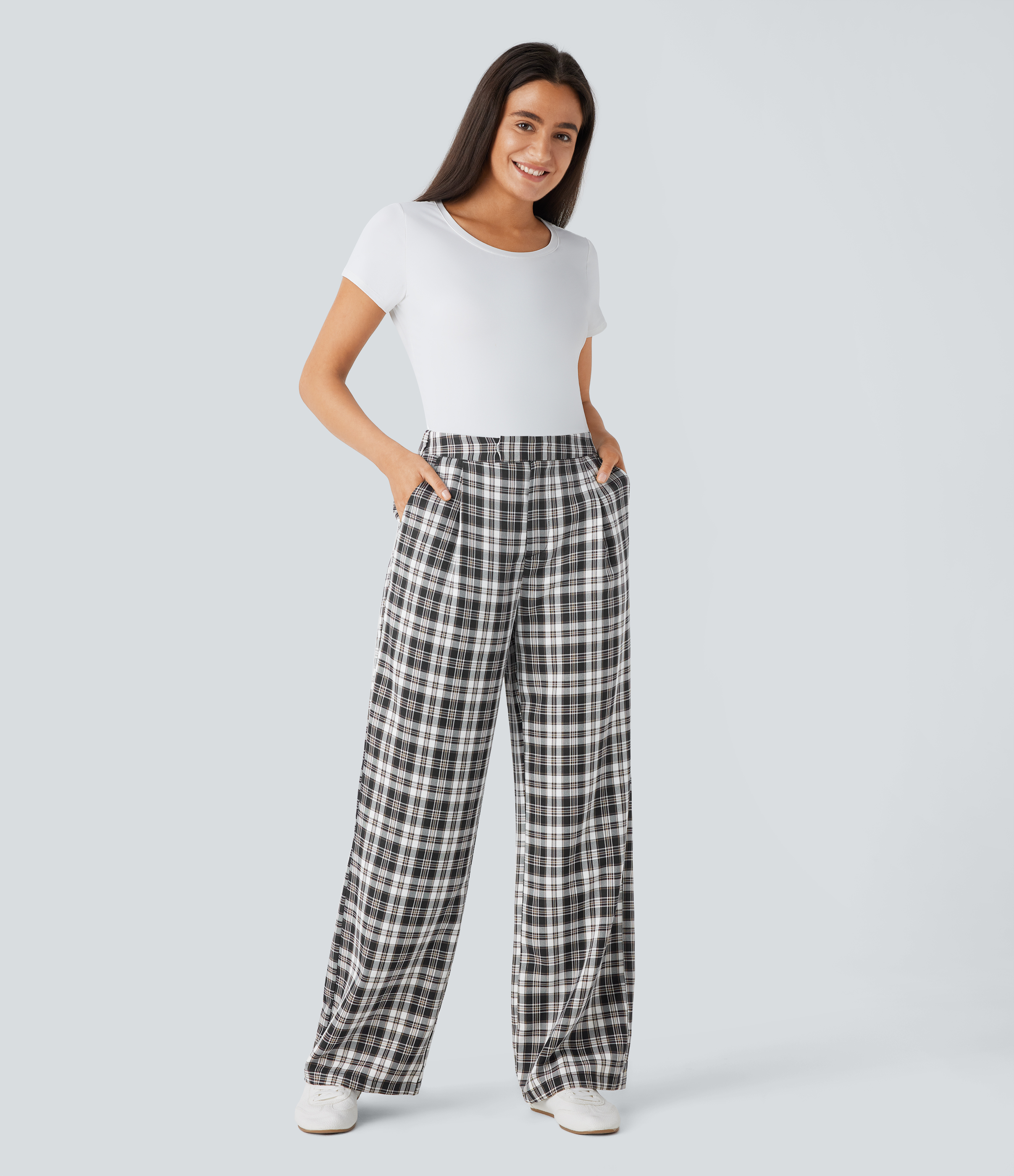 Halara High Waisted Zipper Side Pocket Wide Leg Plaid Casual Pants  - Black White Plaid - XL(regular) sweatpants jogger pants 