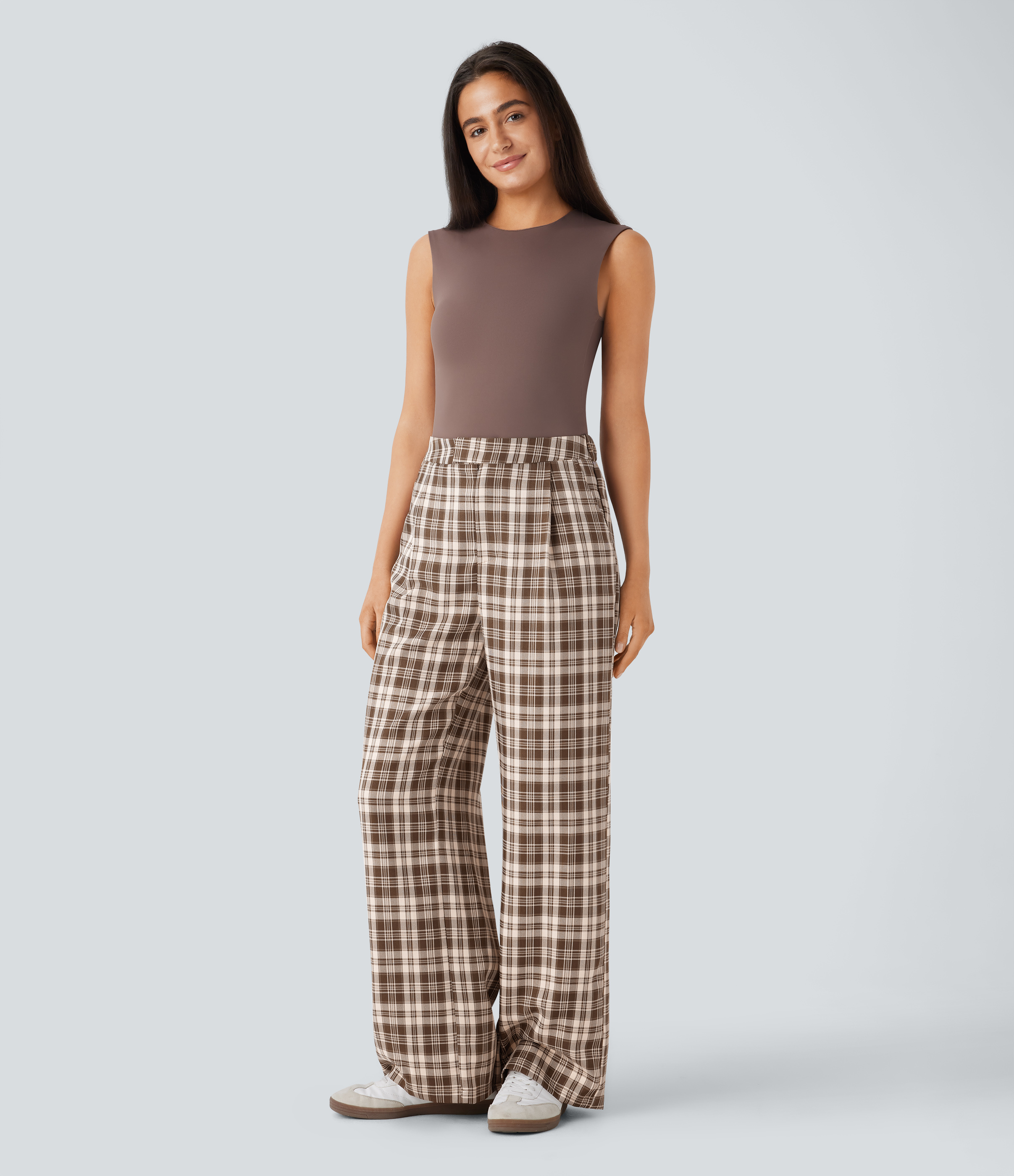 Halara High Waisted Zipper Side Pocket Wide Leg Plaid Casual Pants  - Brown White Gingham - XL(regular) sweatpants jogger pants 