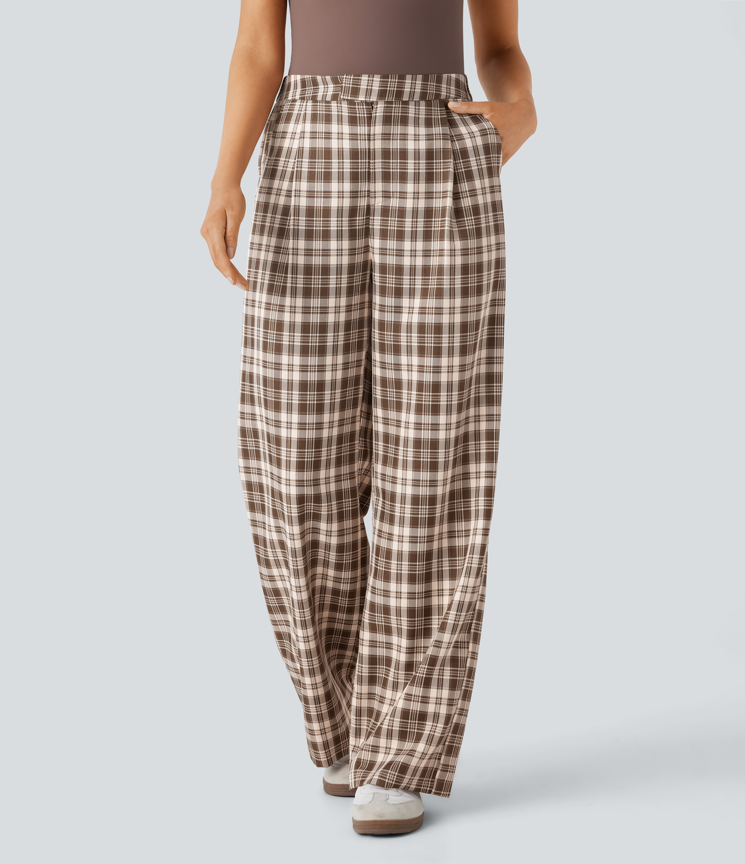 Halara High Waisted Zipper Side Pocket Wide Leg Plaid Casual Pants  - Brown White Gingham - XL(regular) sweatpants jogger pants 