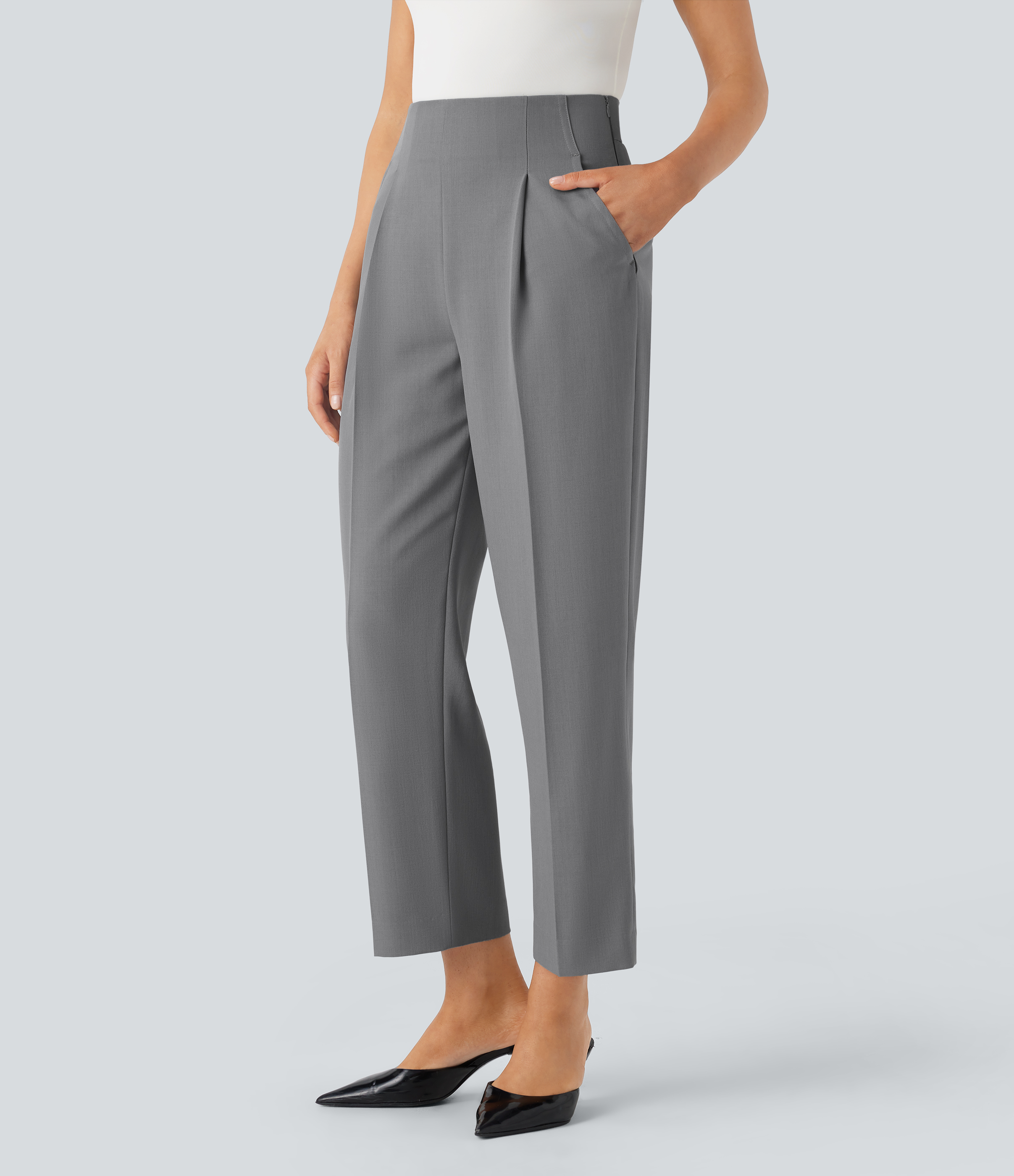 Halara High Waisted Shirred Invisible Zipper Side Pocket Tapered Work Pants  - Frost Gray - XS(regular) sweatpants jogger pants 