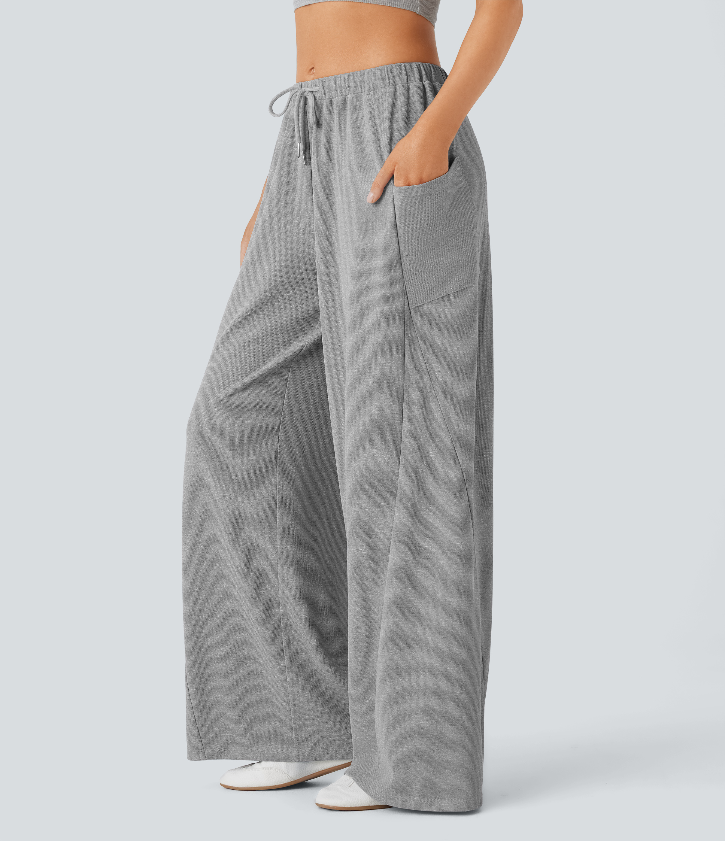Halara Mid Rise Drawstring Side Pocket Wide Leg Casual Pants  - Mottled Grey - XL(regular) sweatpants jogger pants stacked sweatpants 