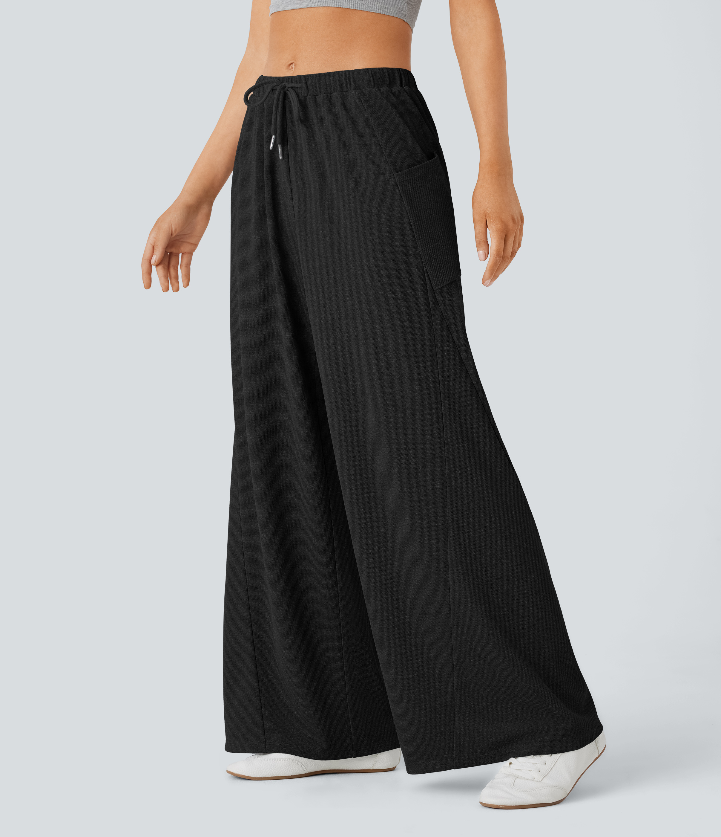 Halara Mid Rise Drawstring Side Pocket Wide Leg Casual Pants  - Black - XL(regular) sweatpants jogger pants stacked sweatpants cargo joggers 