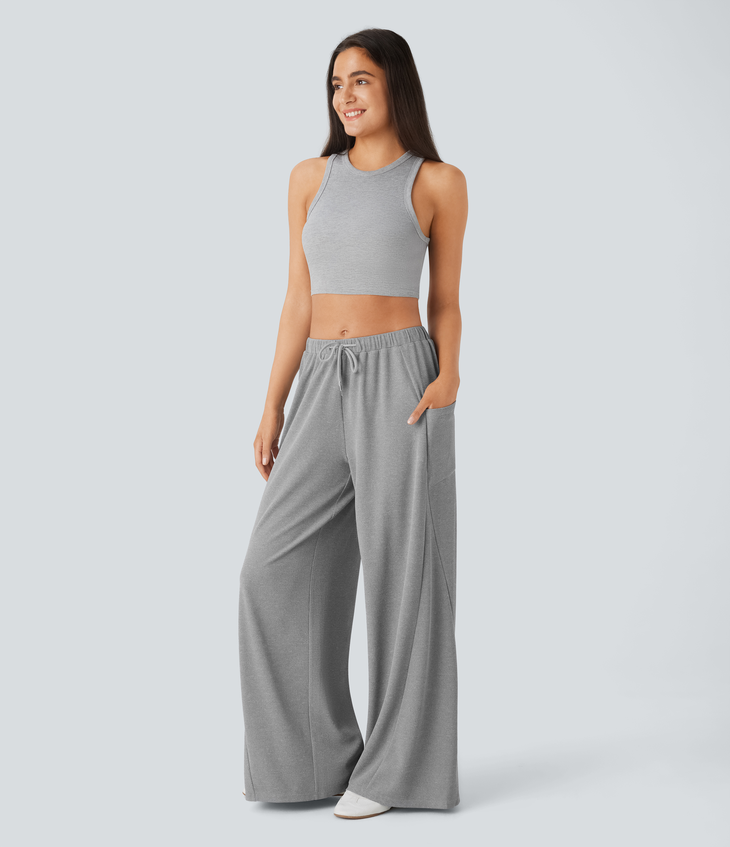 Halara Mid Rise Drawstring Side Pocket Wide Leg Casual Pants  - Mottled Grey - XL(regular) sweatpants jogger pants stacked sweatpants 