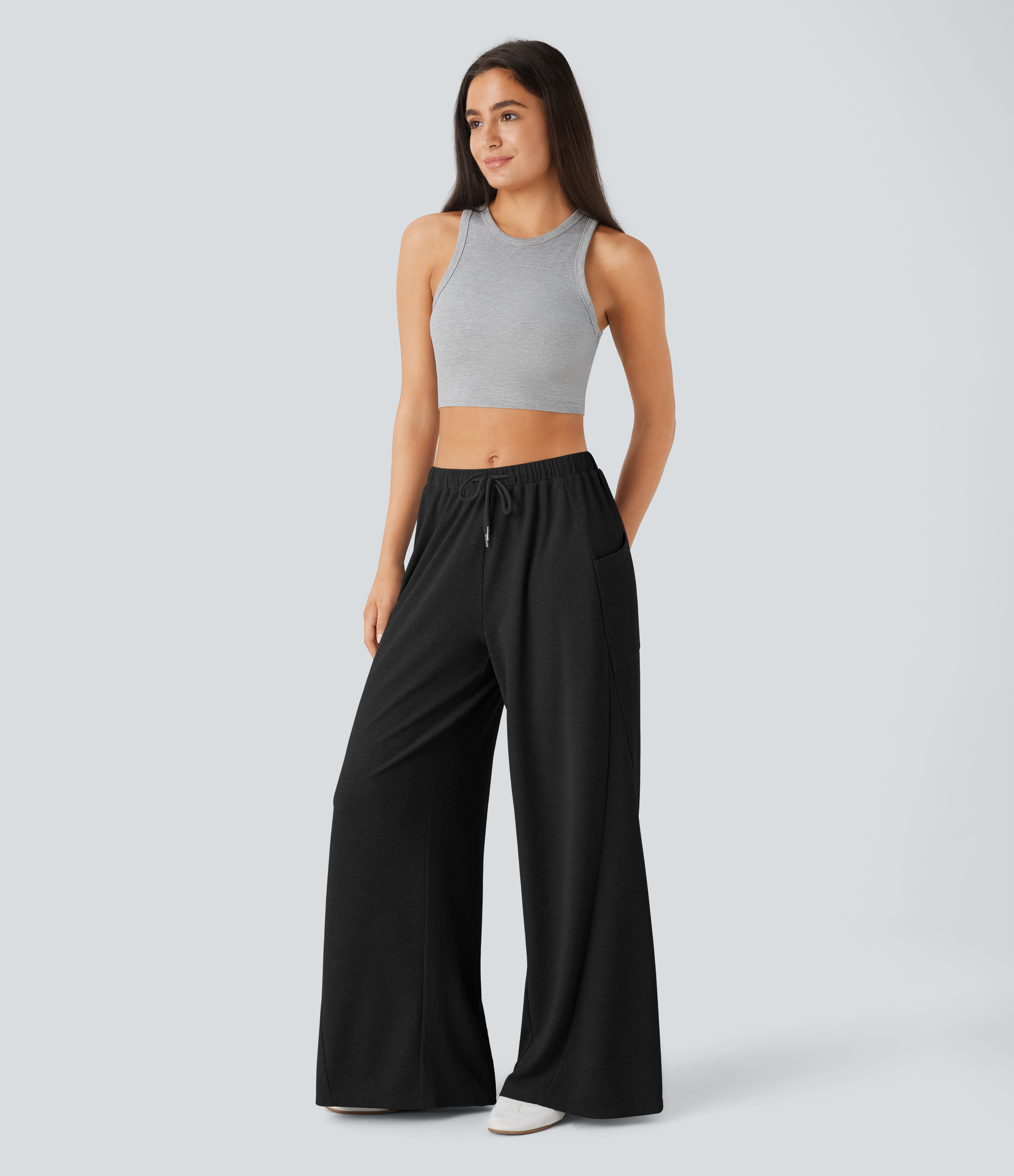 Halara Mid Rise Drawstring Side Pocket Wide Leg Casual Pants  - Black - XL(regular) sweatpants jogger pants stacked sweatpants cargo joggers 