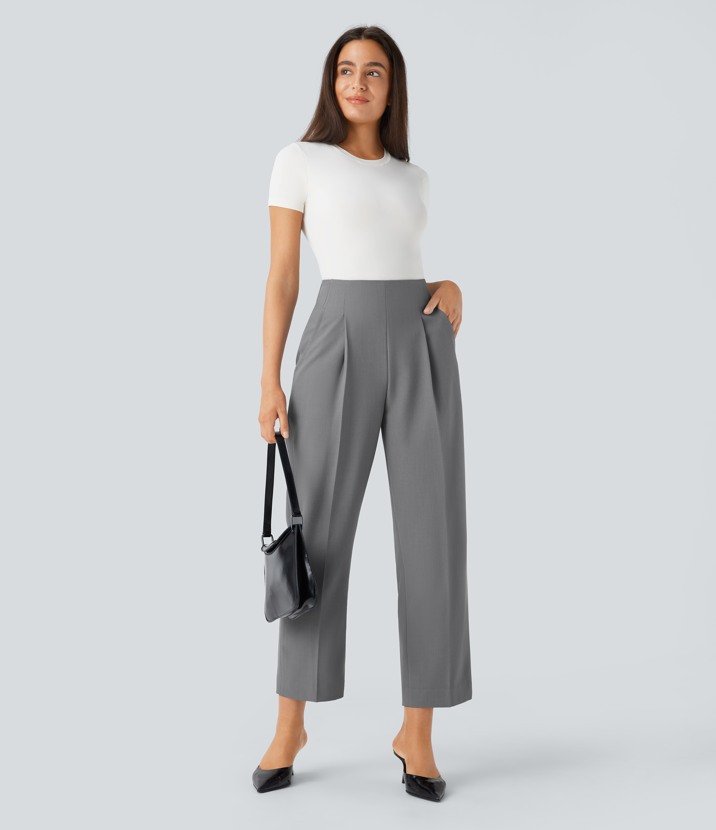 Halara High Waisted Shirred Invisible Zipper Side Pocket Tapered Work Pants  - Frost Gray - XS(regular) sweatpants jogger pants 