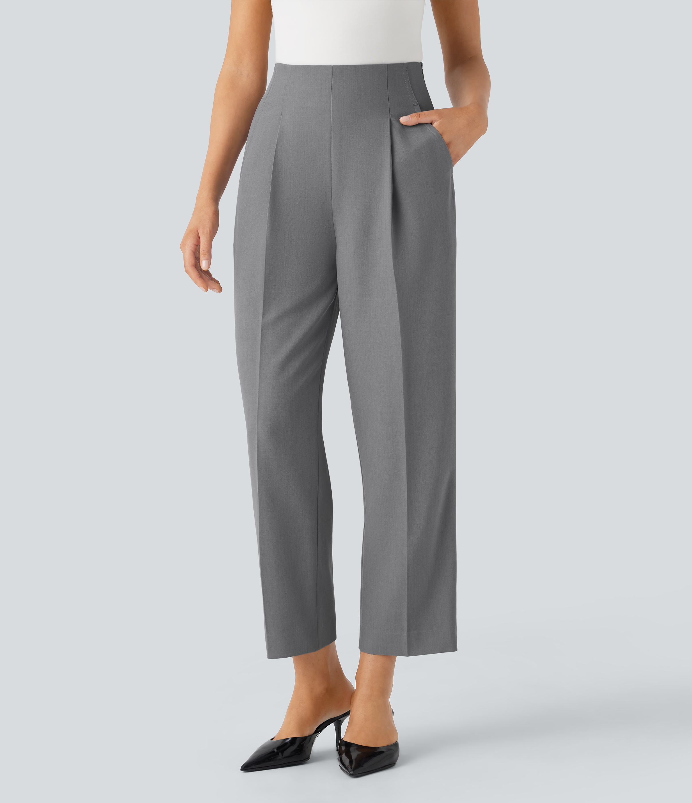 Halara High Waisted Shirred Invisible Zipper Side Pocket Tapered Work Pants  - Frost Gray - XS(regular) sweatpants jogger pants 
