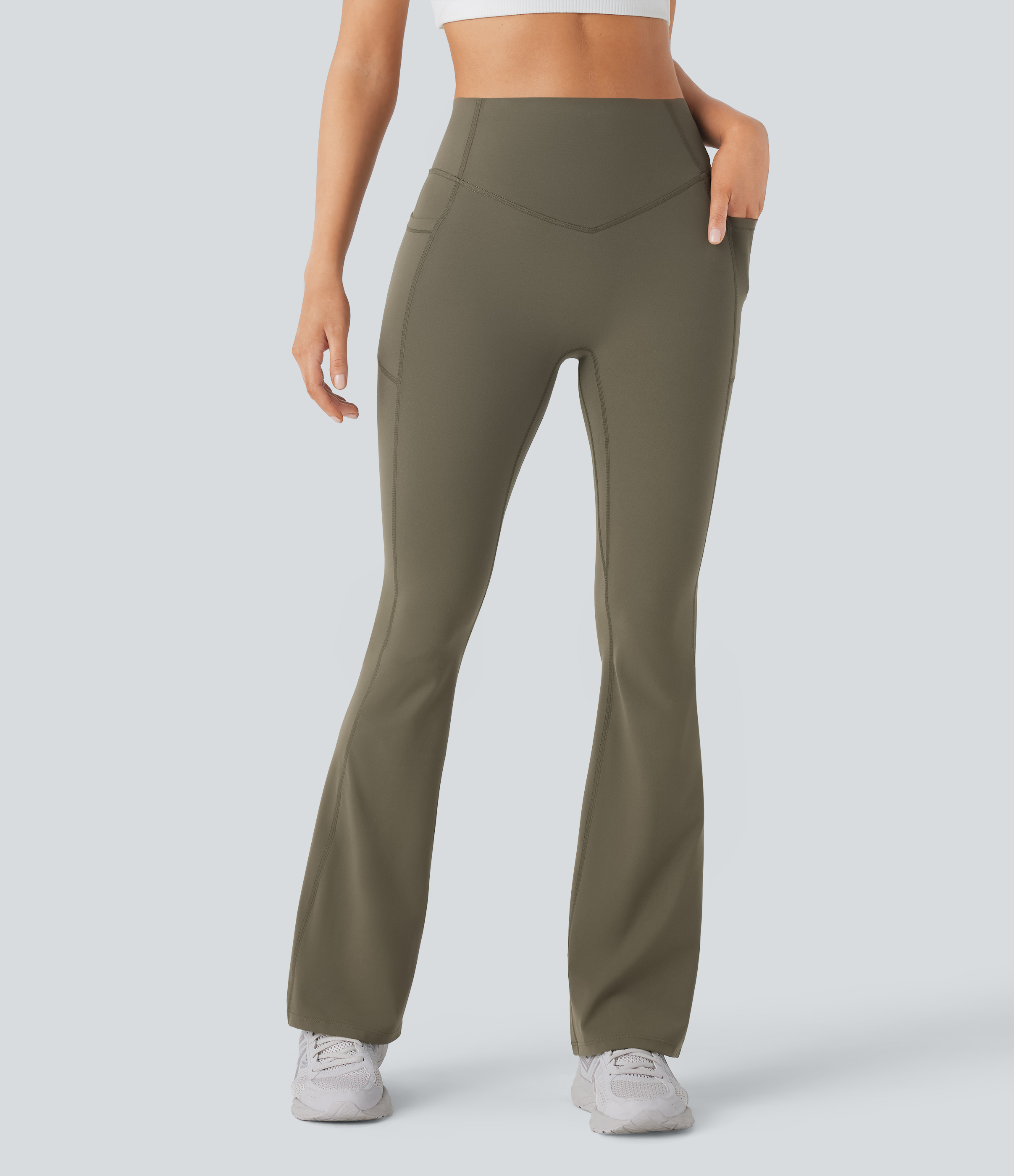 Halara SoCinched High Waisted Butt Lifting Tummy Control Side Pocket Shaping Yoga UltraSculpt Bootcut Leggings  - Grass Grey Green - M(regular) 