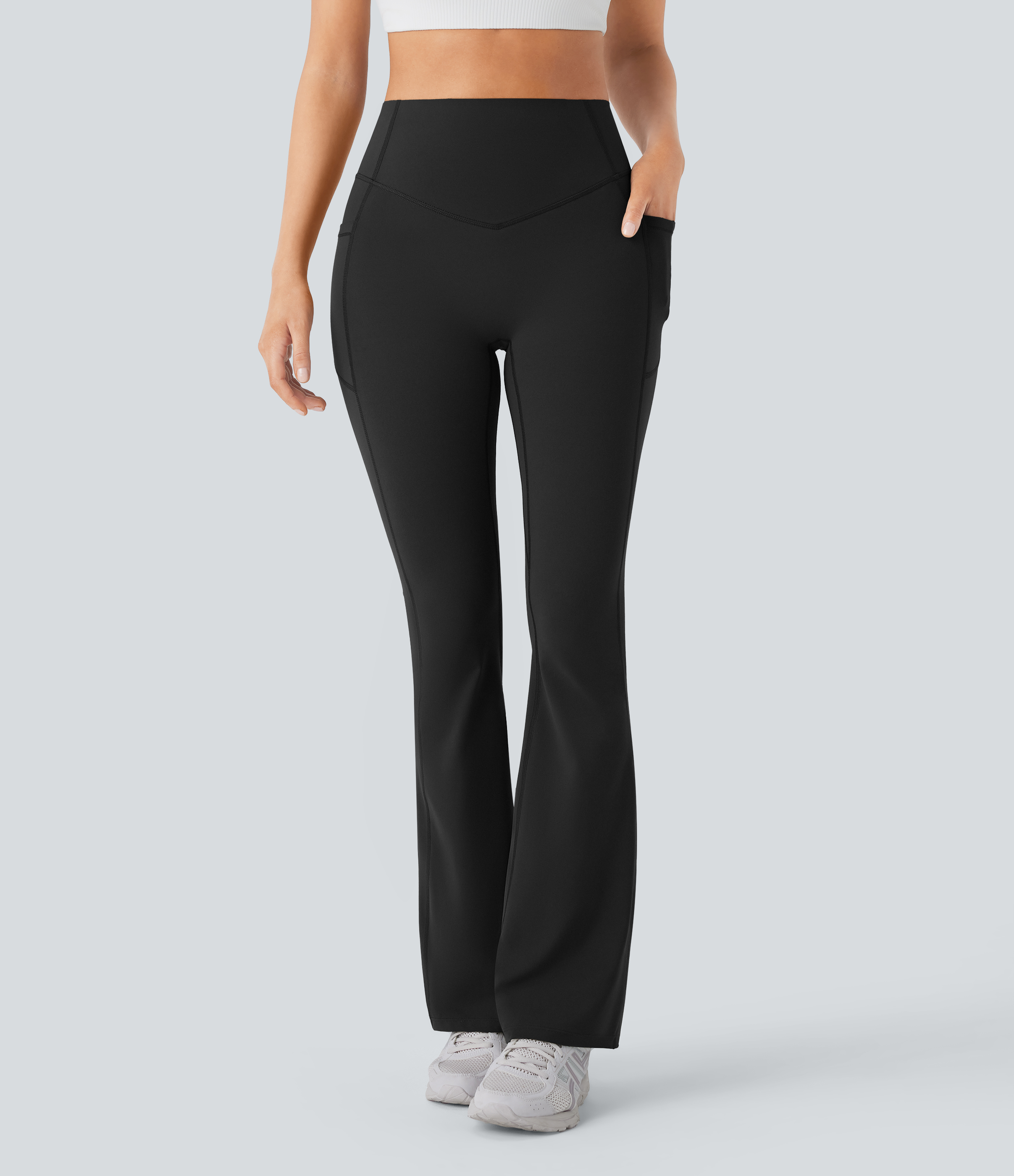 Halara SoCinched High Waisted Butt Lifting Tummy Control Side Pocket Shaping Yoga UltraSculpt Bootcut Leggings  - Black - XS(regular) 