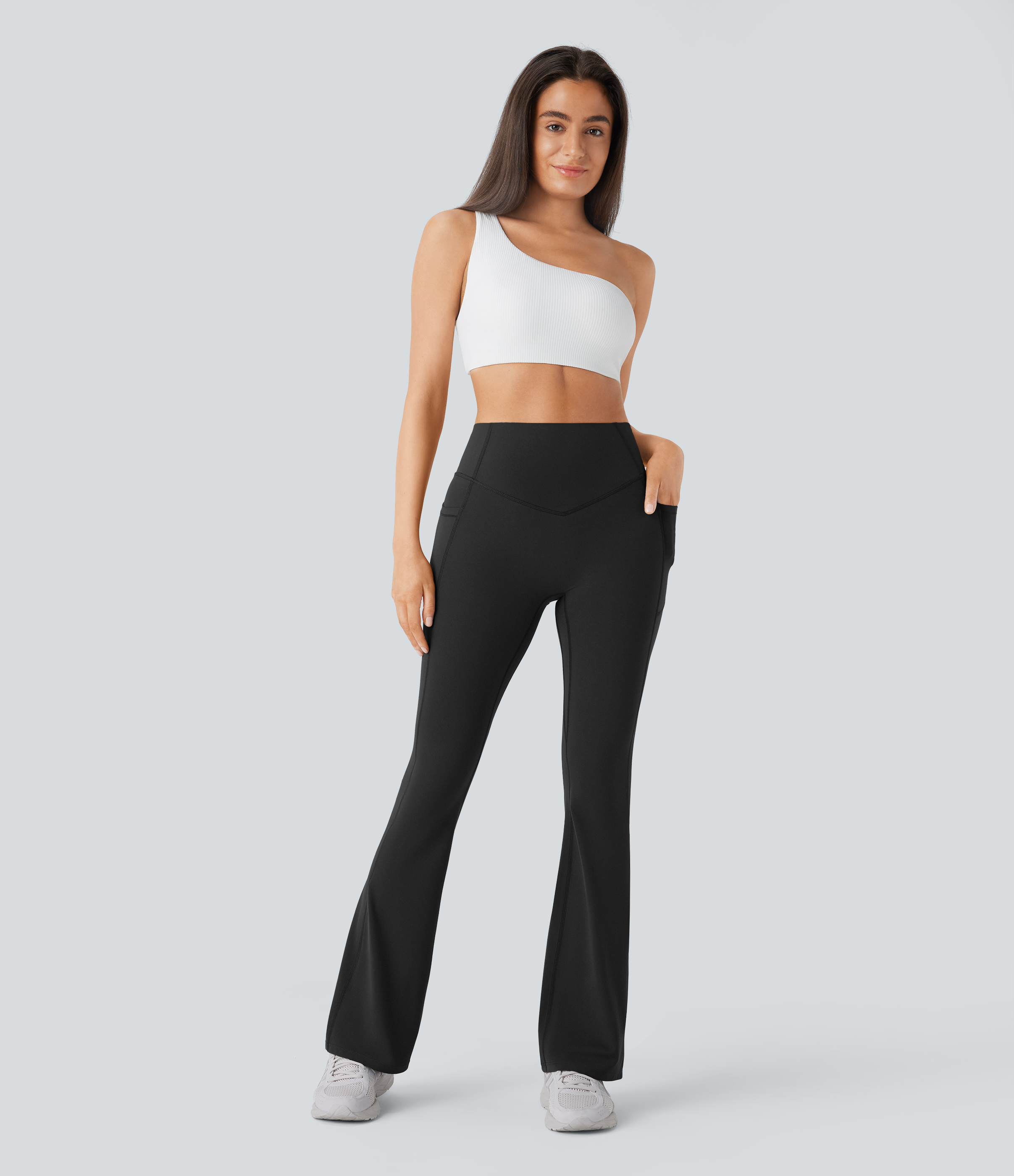 Halara SoCinched High Waisted Butt Lifting Tummy Control Side Pocket Shaping Yoga UltraSculpt Bootcut Leggings  - Black - XS(regular) 