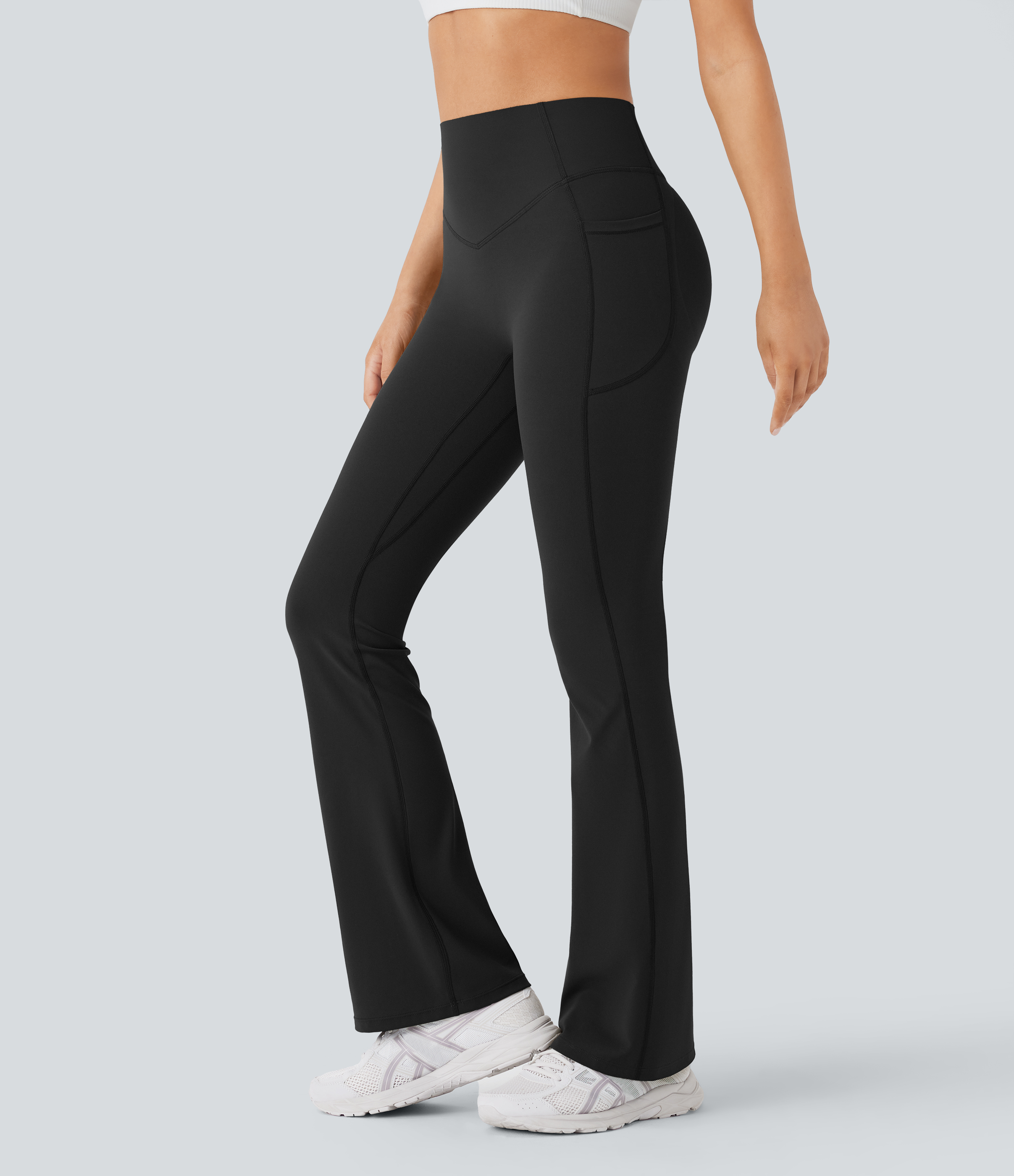 Halara SoCinched High Waisted Butt Lifting Tummy Control Side Pocket Shaping Yoga UltraSculpt Bootcut Leggings  - Black - XS(regular) 
