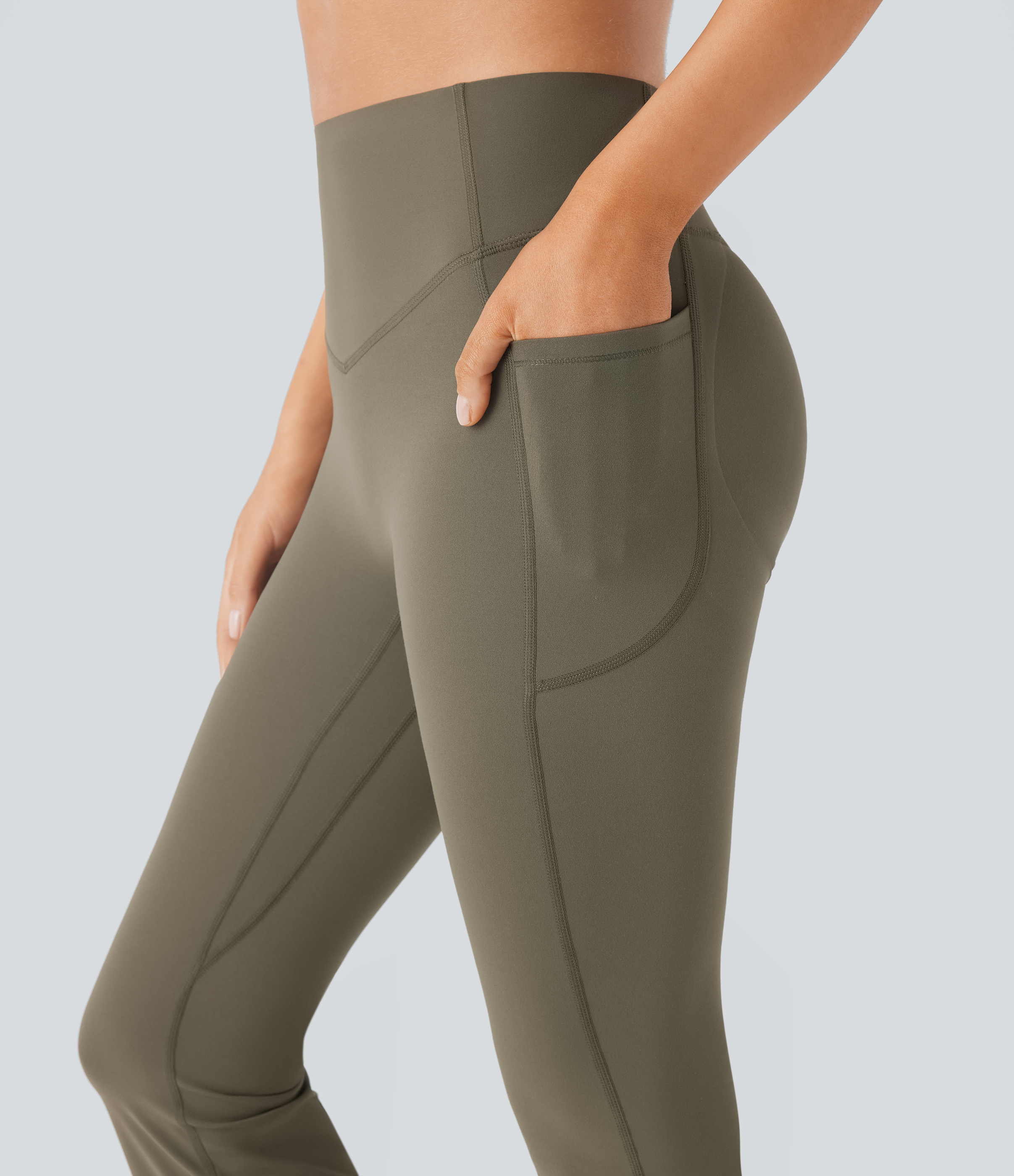 Halara SoCinched High Waisted Butt Lifting Tummy Control Side Pocket Shaping Yoga UltraSculpt Bootcut Leggings  - Grass Grey Green - M(regular) 