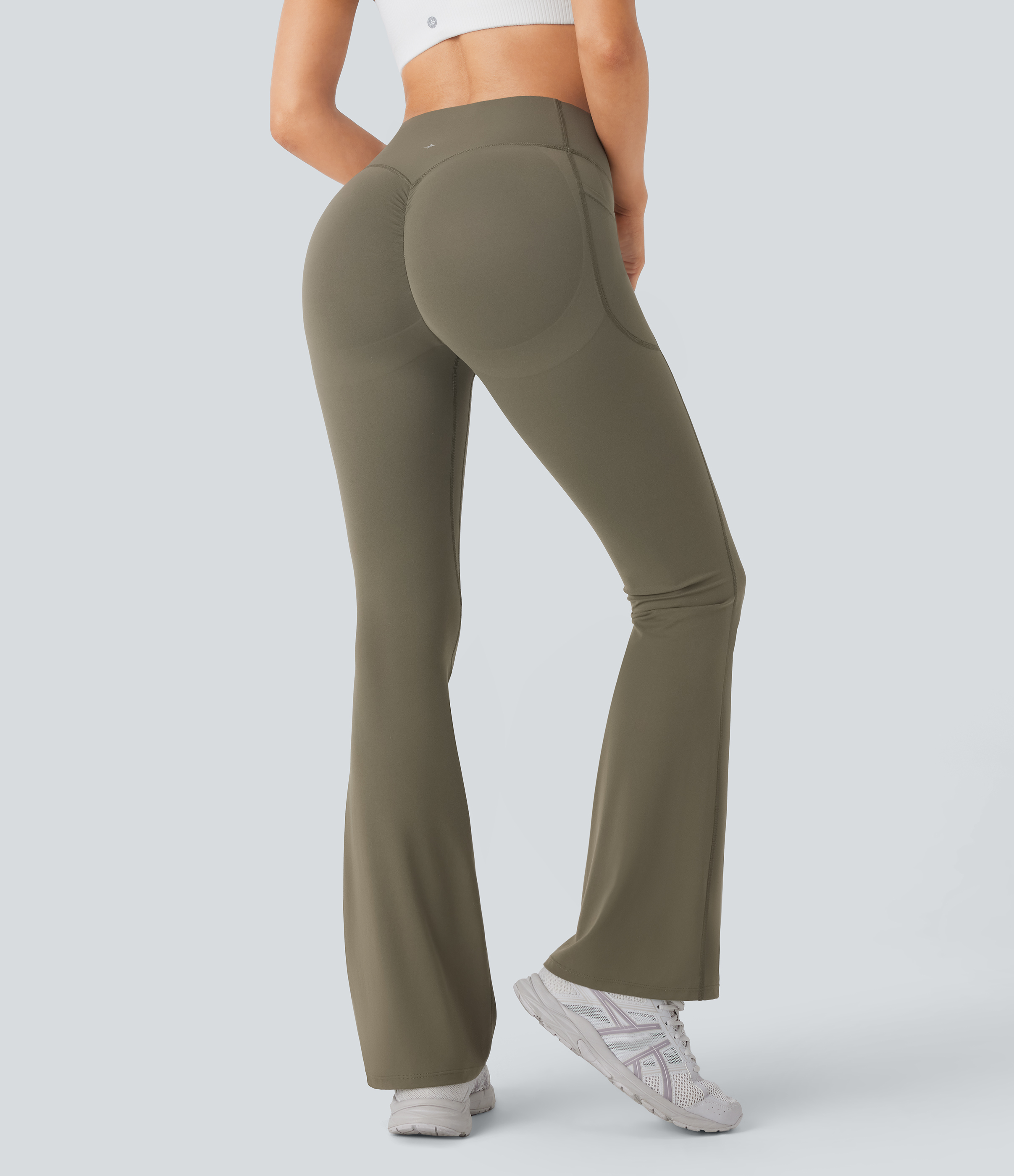 Halara SoCinched High Waisted Butt Lifting Tummy Control Side Pocket Shaping Yoga UltraSculpt Bootcut Leggings  - Grass Grey Green - M(regular) 