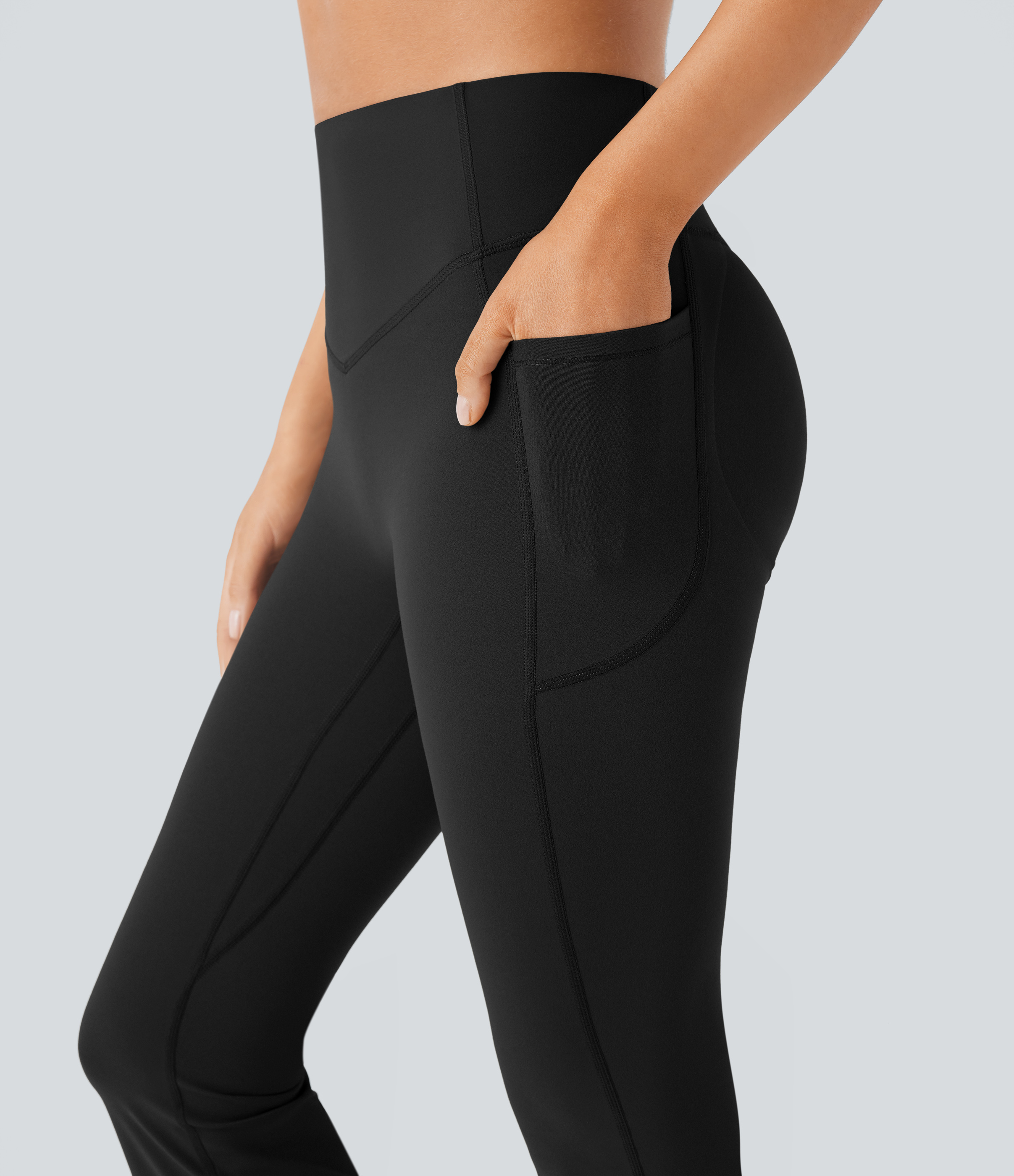 Halara SoCinched High Waisted Butt Lifting Tummy Control Side Pocket Shaping Yoga UltraSculpt Bootcut Leggings  - Black - XS(regular) 