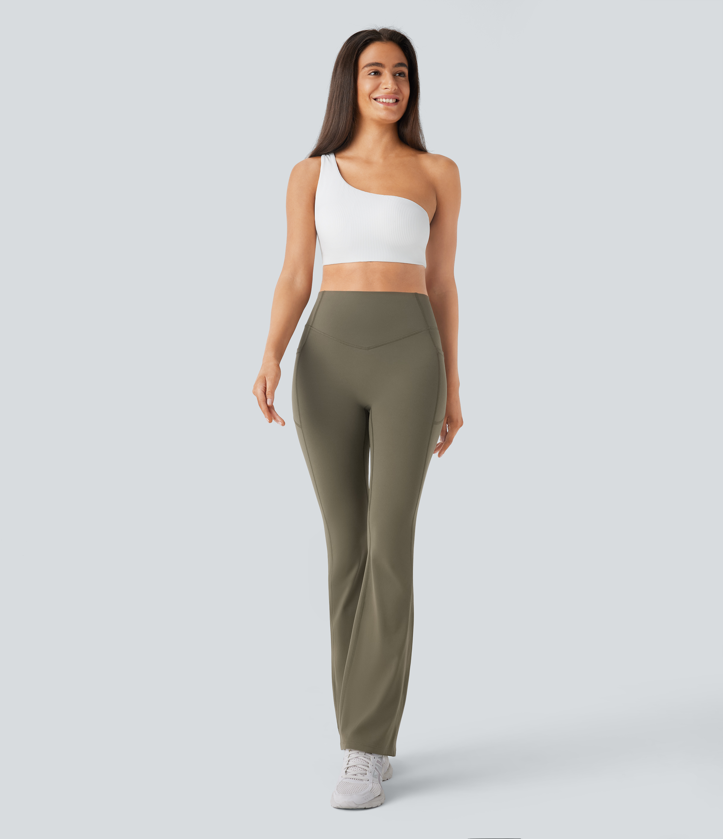 Halara SoCinched High Waisted Butt Lifting Tummy Control Side Pocket Shaping Yoga UltraSculpt Bootcut Leggings  - Grass Grey Green - M(regular) 
