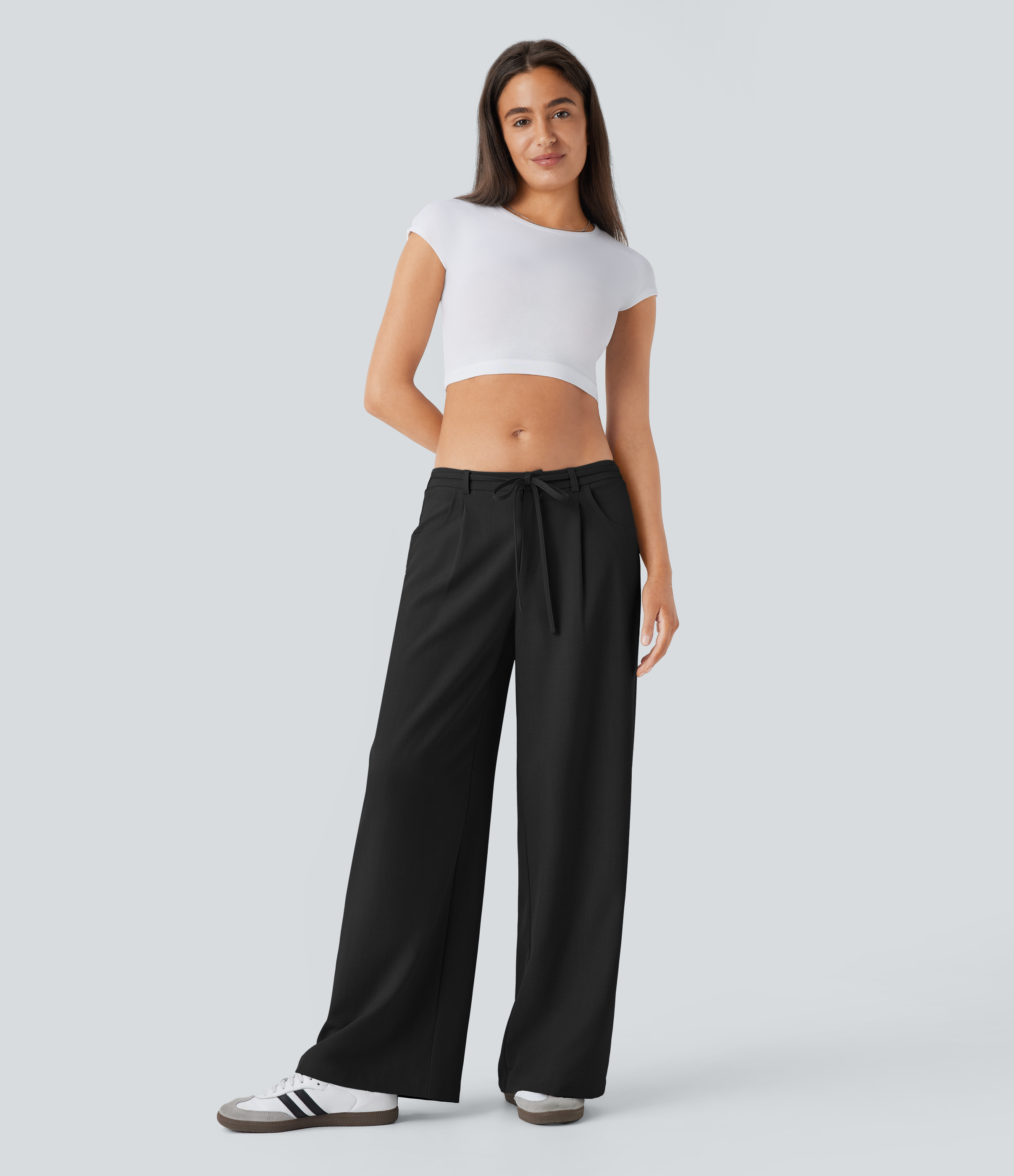 Halara Low Rise Tie Front Side Pocket Wide Leg Casual Pants  - Black - L sweatpants jogger pants stacked sweatpants cargo joggers 