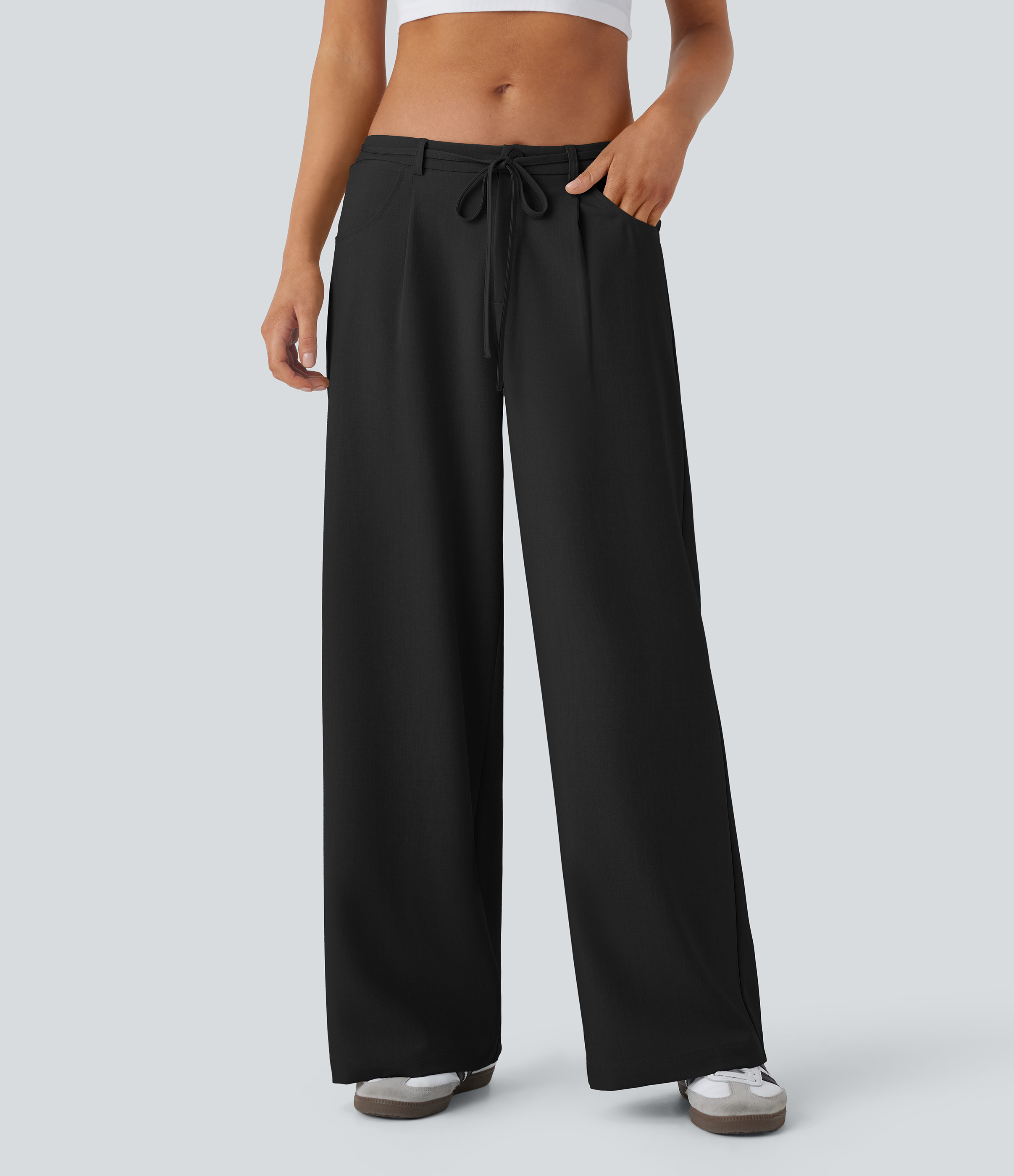 Halara Low Rise Tie Front Side Pocket Wide Leg Casual Pants  - Black - L sweatpants jogger pants stacked sweatpants cargo joggers 