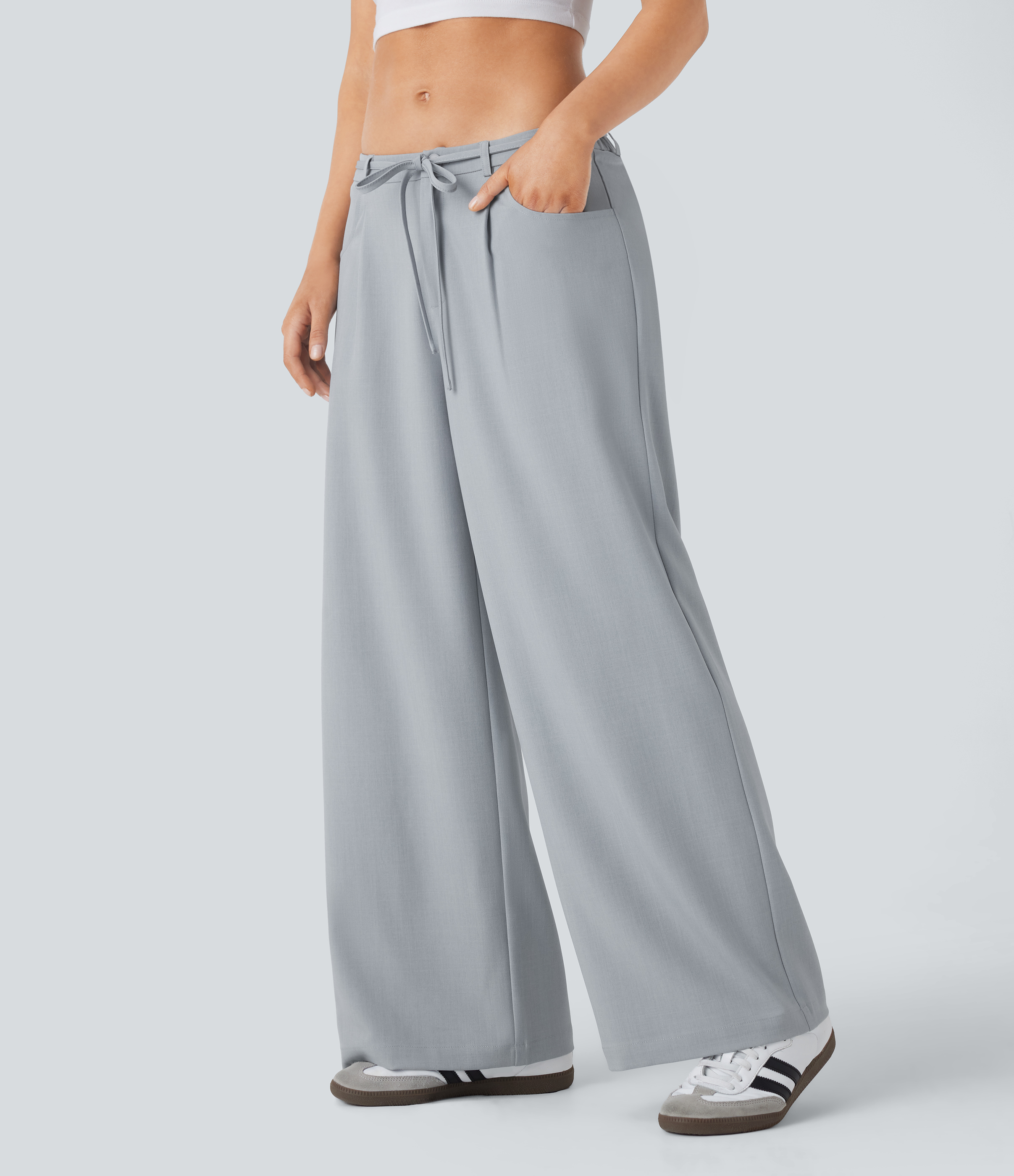 Halara Low Rise Tie Front Side Pocket Wide Leg Casual Pants  - Silver - L sweatpants jogger pants stacked sweatpants cargo joggers 