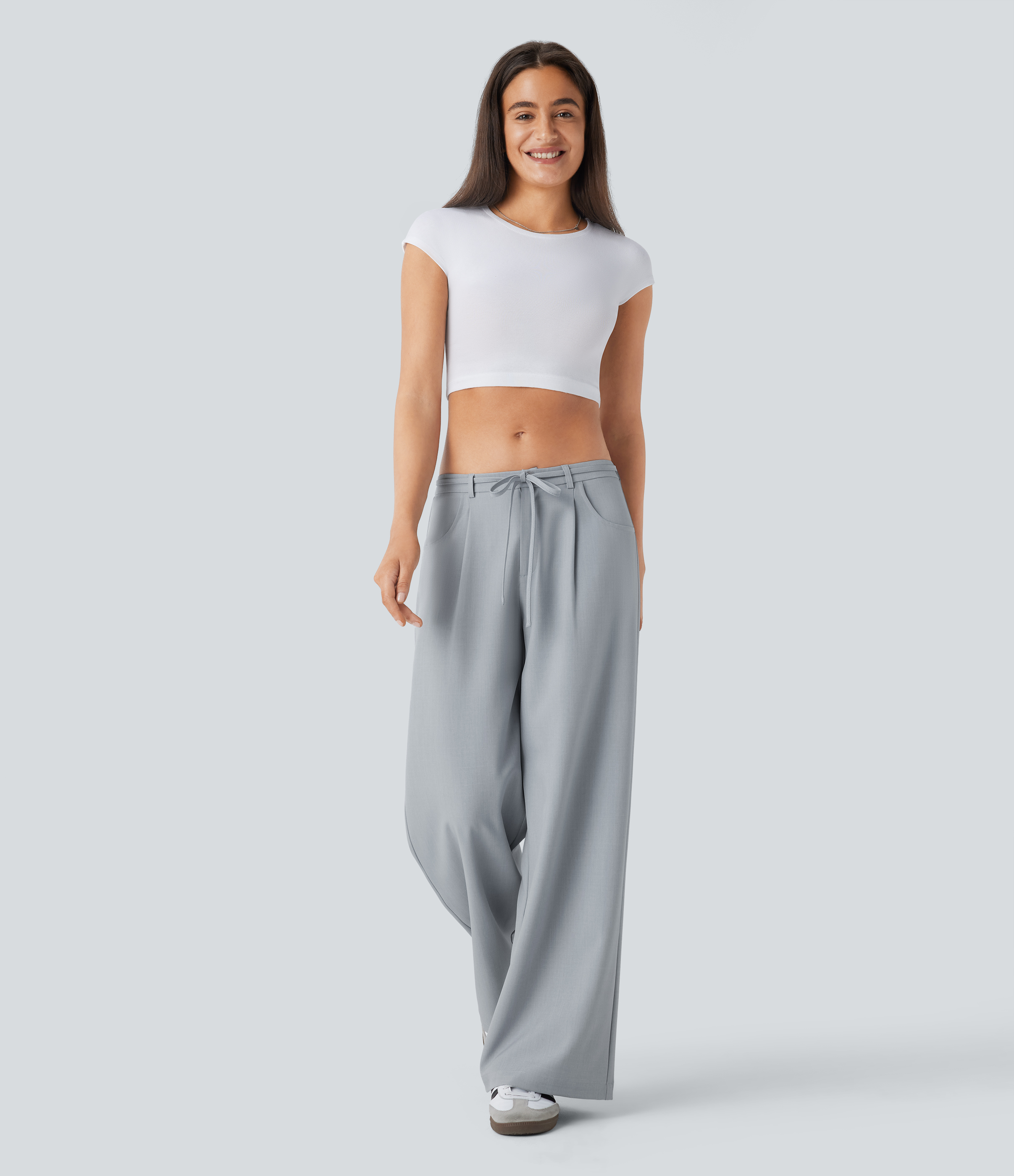 Low Rise Tie Pocket Wide Leg Casual Pants