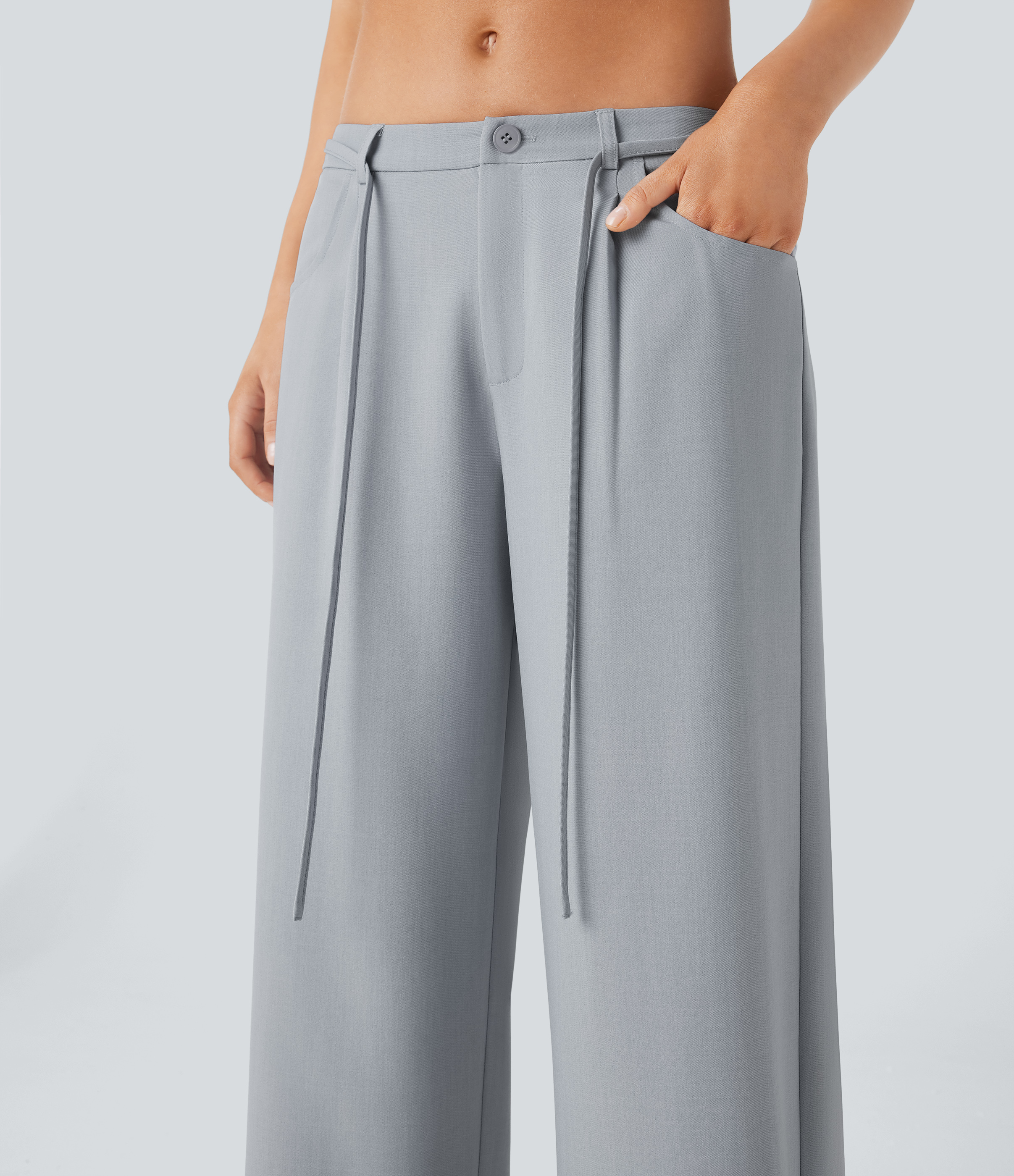 Halara Low Rise Tie Front Side Pocket Wide Leg Casual Pants  - Silver - L sweatpants jogger pants stacked sweatpants cargo joggers 