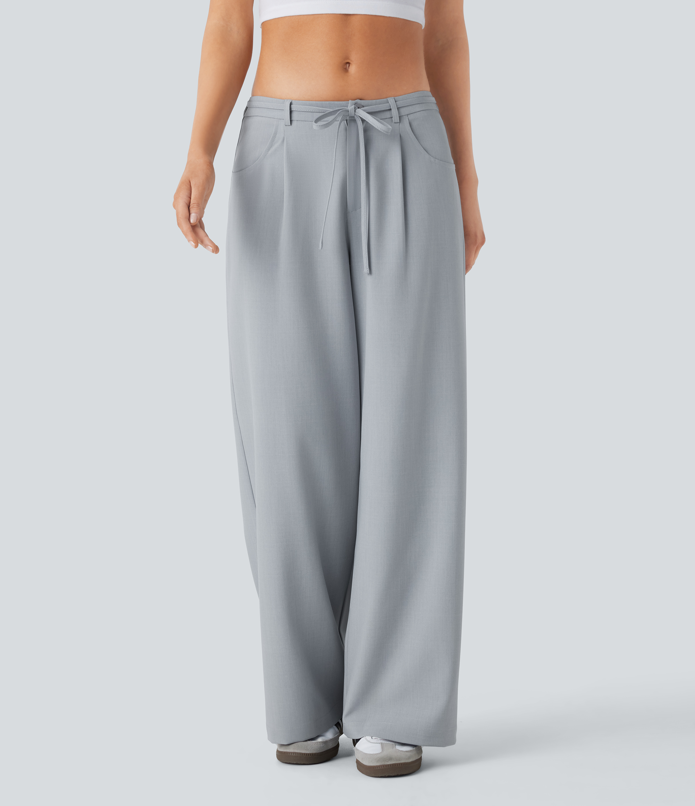 Halara Low Rise Tie Front Side Pocket Wide Leg Casual Pants  - Silver - L sweatpants jogger pants stacked sweatpants cargo joggers 