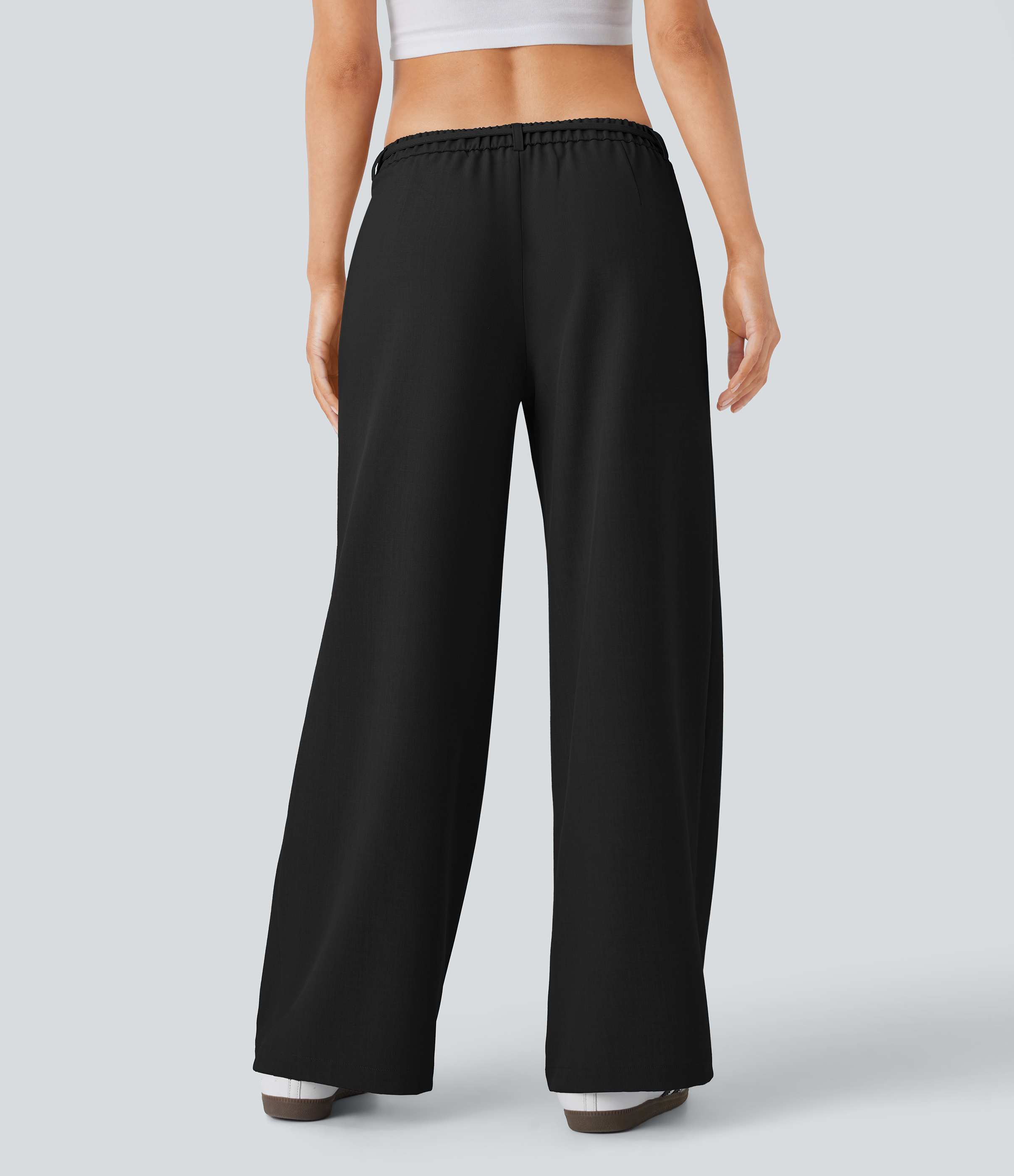 Halara Low Rise Tie Front Side Pocket Wide Leg Casual Pants  - Black - L sweatpants jogger pants stacked sweatpants cargo joggers 