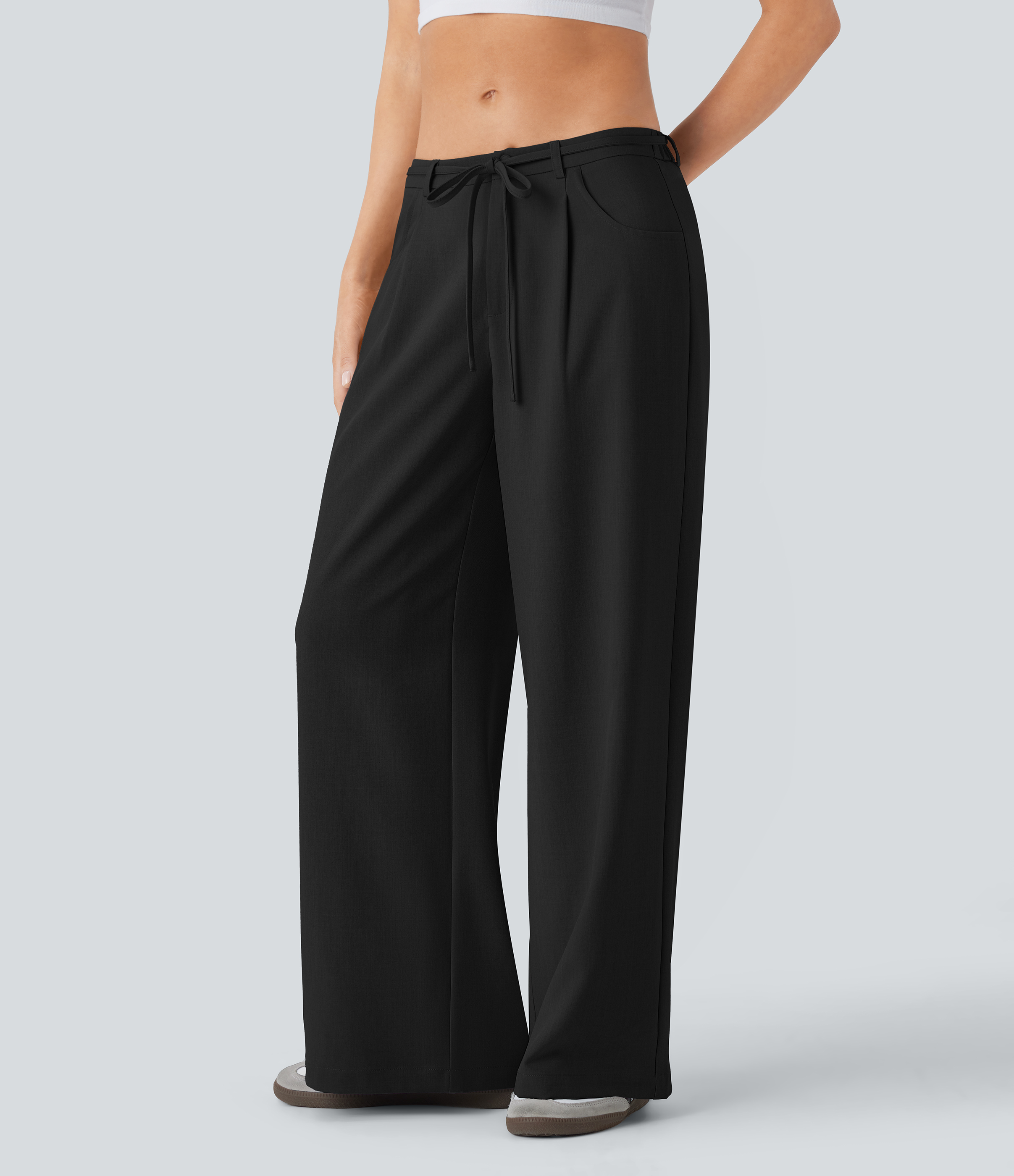 Halara Low Rise Tie Front Side Pocket Wide Leg Casual Pants  - Black - L sweatpants jogger pants stacked sweatpants cargo joggers 