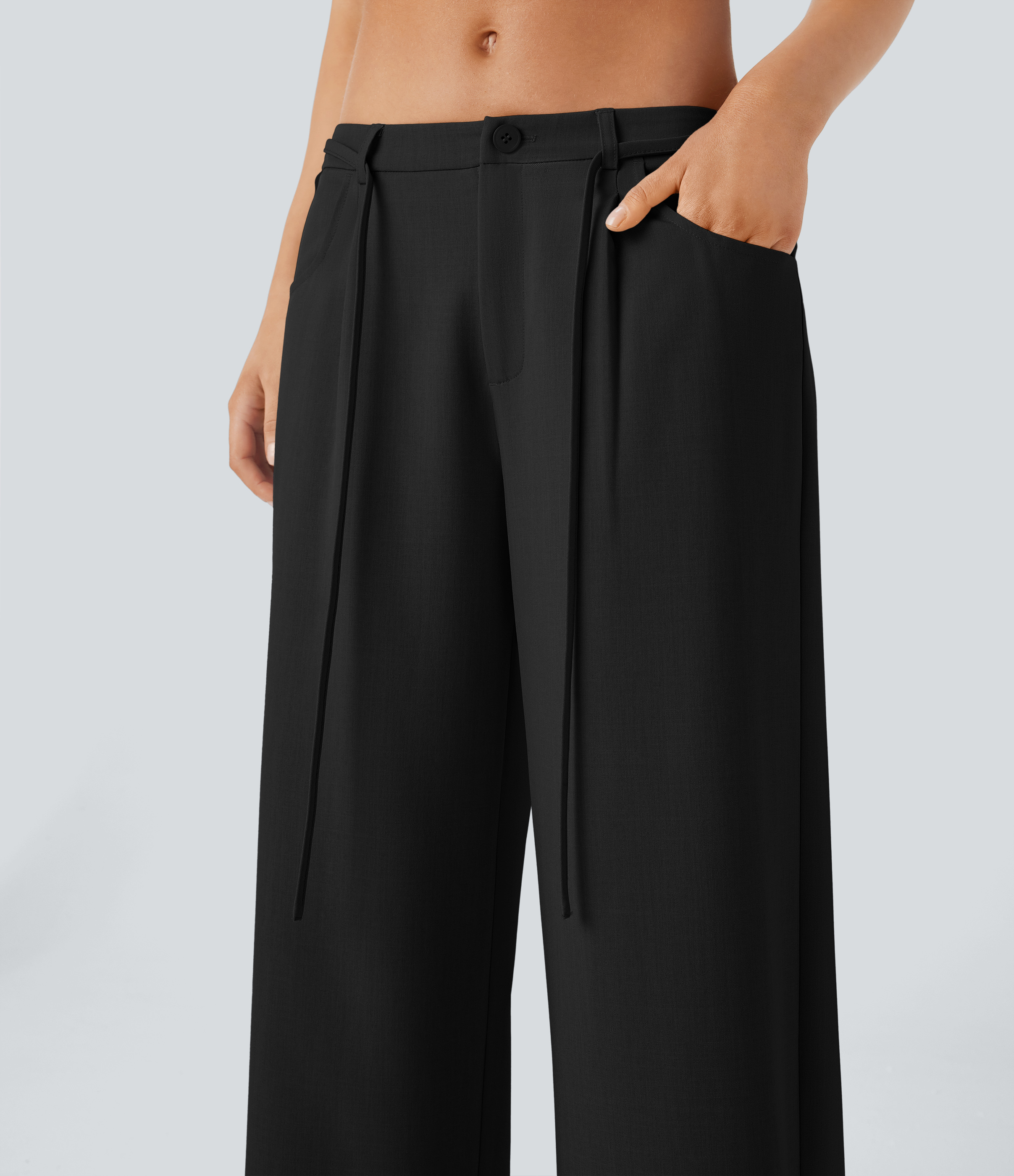 Halara Low Rise Tie Front Side Pocket Wide Leg Casual Pants  - Black - L sweatpants jogger pants stacked sweatpants cargo joggers 